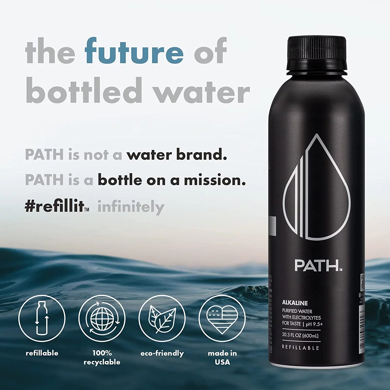PATH Water Alkaline Bottled Water in Reusable Aluminum Bottle, 20.3 fl oz, 18 Pack