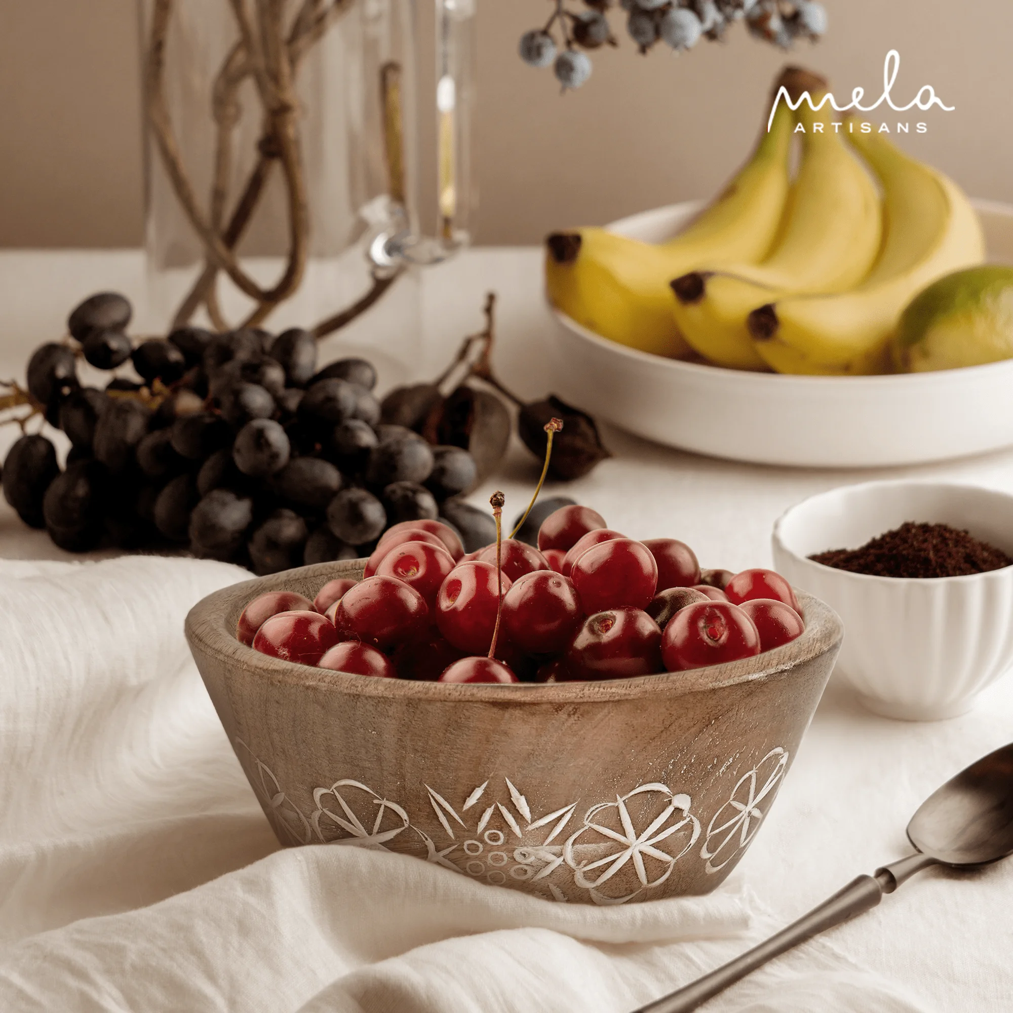 Mela Artisans Hand Carved Small Wooden Serving Bowl - Natural Over White, 6