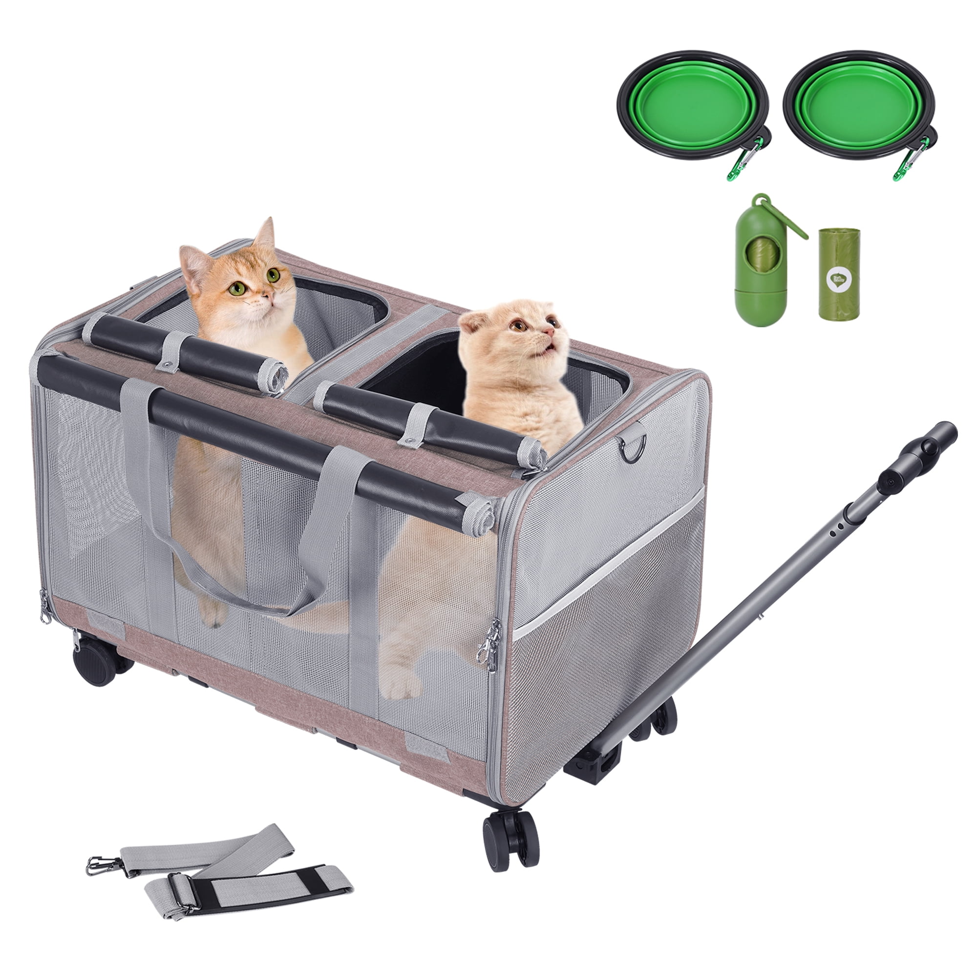 Rolling Cat Carrier with Wheels for 2 Cats, Double-Compartment Foldable Pet Carrier, Apricot