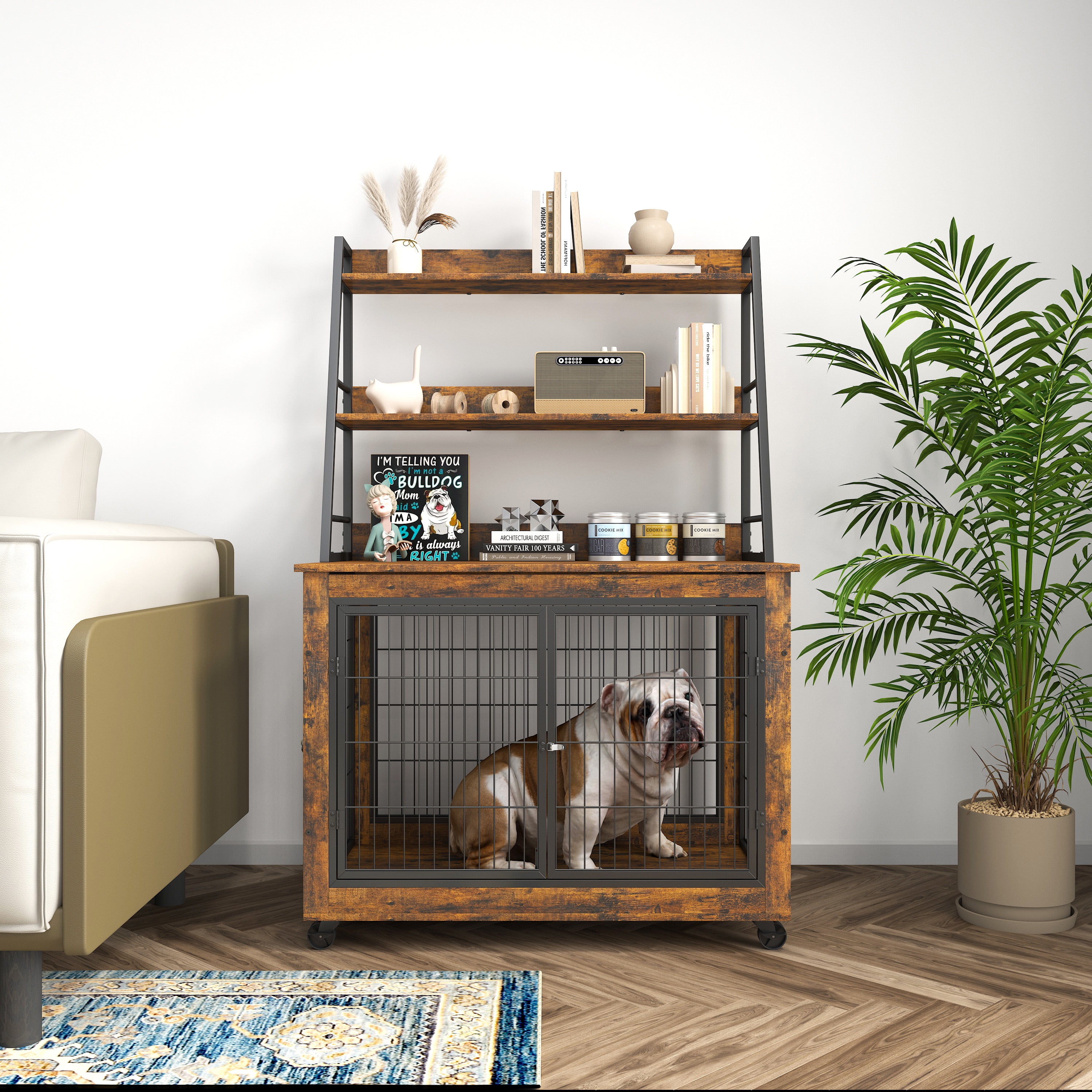 Furniture Style Dog Crate Side Table With Shelves, Equipped With Double Doors And A Raised Roof, Rustic Brown, 38.58 ''w x 25.5 ''d x 57 ''h