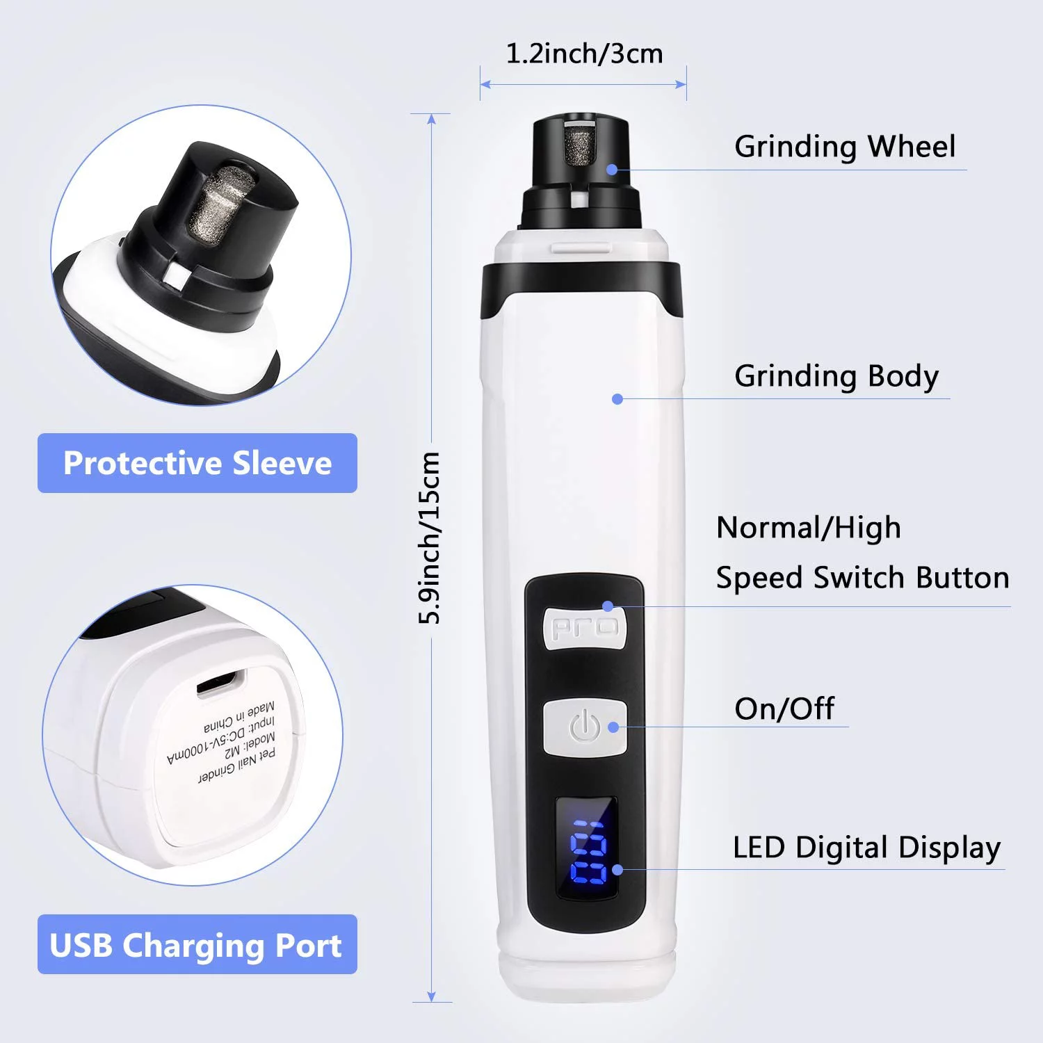 Cat Dog Nail Grinder - Professional 2-Speed Rechargeable Electric Pet Nail Trimmer Quiet Painless Paws Grooming & Smoothing