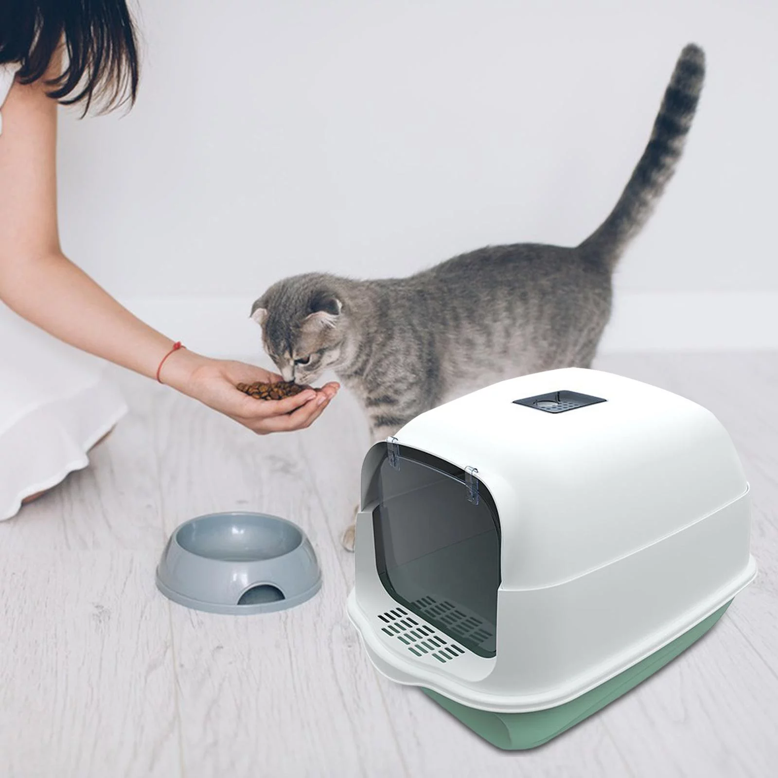 Cat Fully Enclosed Easy to Clean Prevent Smell Anti Splashing Waterproof Litter Pan Reusable Toilet Pet Supplies Cat Toilet Green Bottom