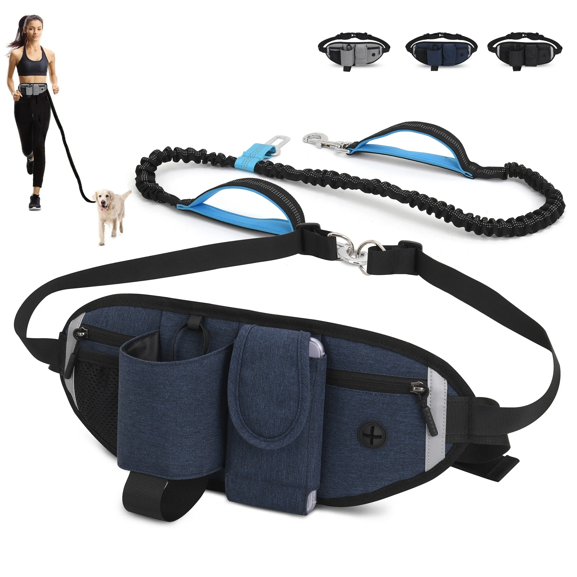 JVMU Running Sports Pet Waist Bag Multifunctional Outdoor Waterproof Anti-collision Belt Elastic Dog Leash & Poop Bag, Blue
