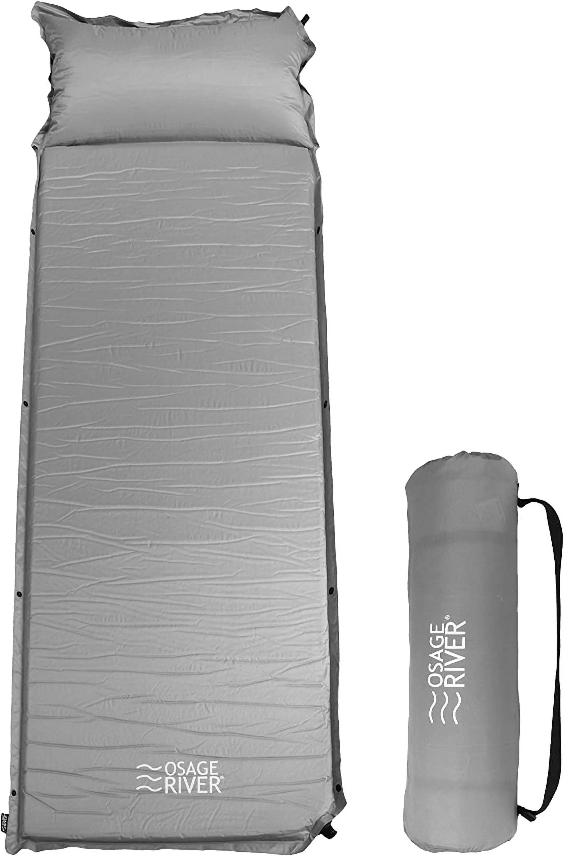 OSAGE RIVER Self Inflating Sleeping Pad with Built-in Pillow, Compact Memory Foam Sleep Mat, Camping Air Mattress for Tent, Travel, Backpacking, or Hiking, Grey