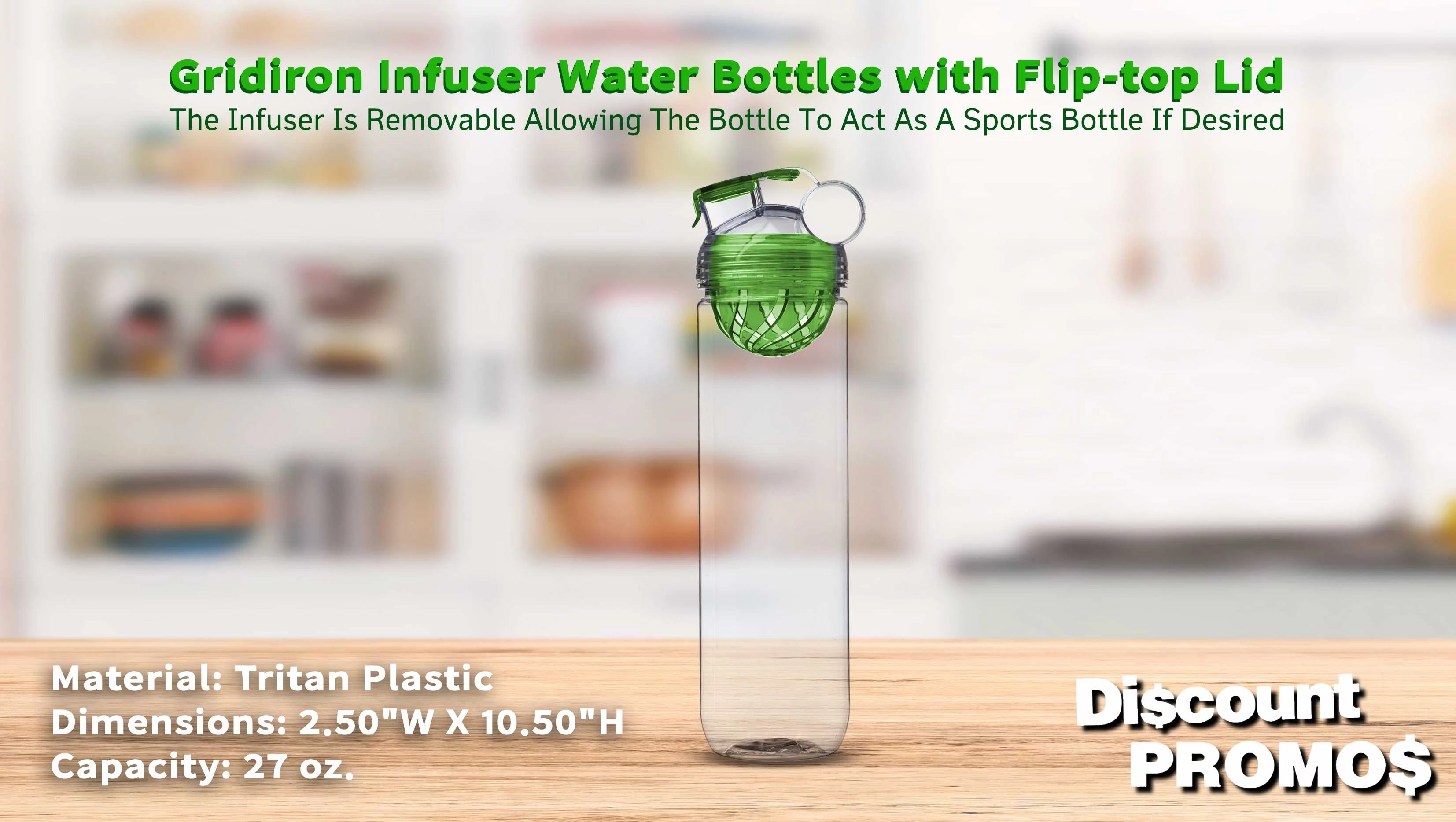 6 Gridiron Infuser Water Bottles Set, 27 oz. - Screw On, Flip-Top Lid, Spill-Resistant, BPA-Free - Lime Green