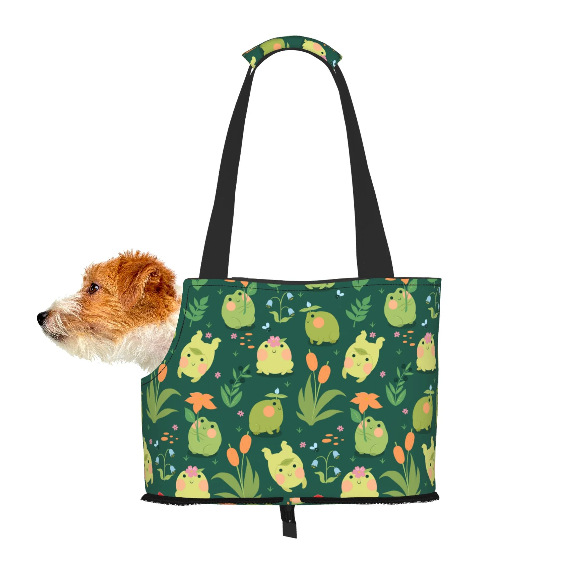 TEQUAN Foldable Dog Purse Carrier, Collapsible Cartoon Flowers Cute Frogs Prints Pet Travel Tote Bag for Small Cat Puppy, Waterproof Dog Soft-Sided Carriers
