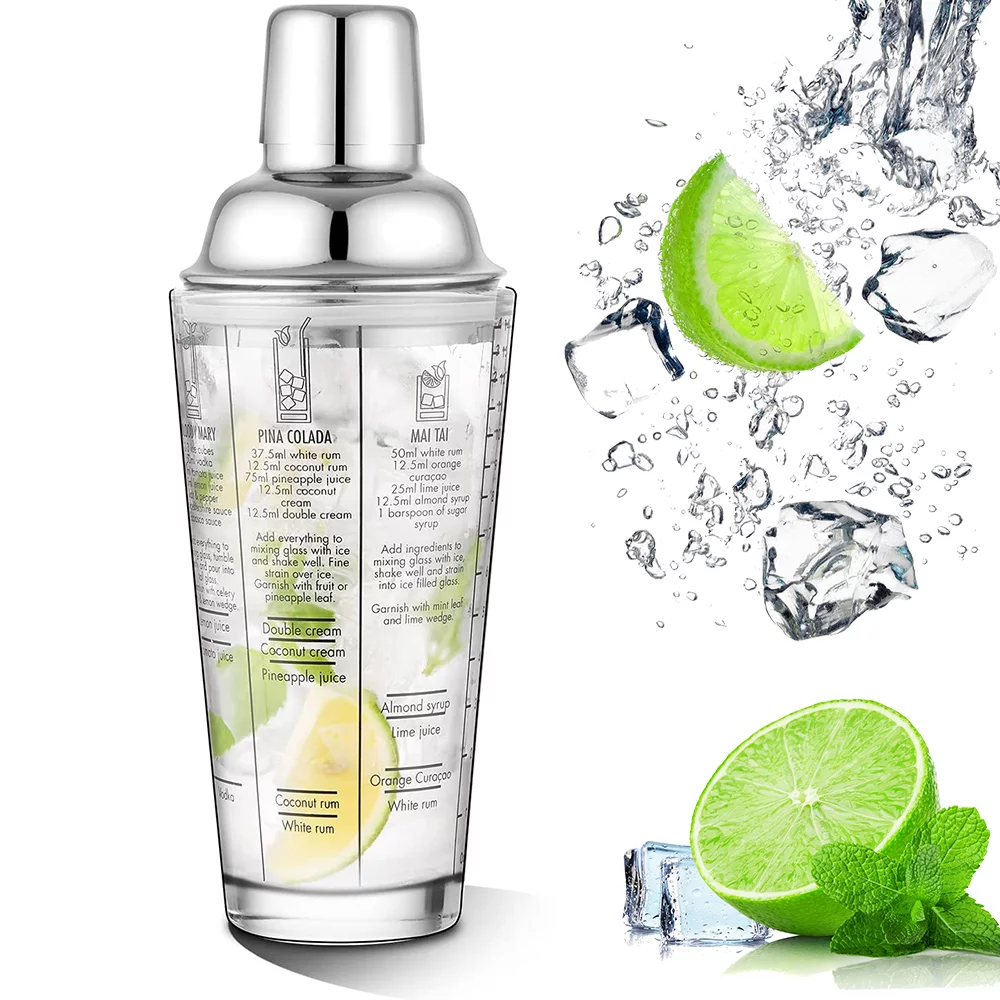 SUPTREE Glass Cocktail Shakers Bottle and Strainer - Professional Grade Mixed Drink Shaker Cup Martini Shaker 650ml