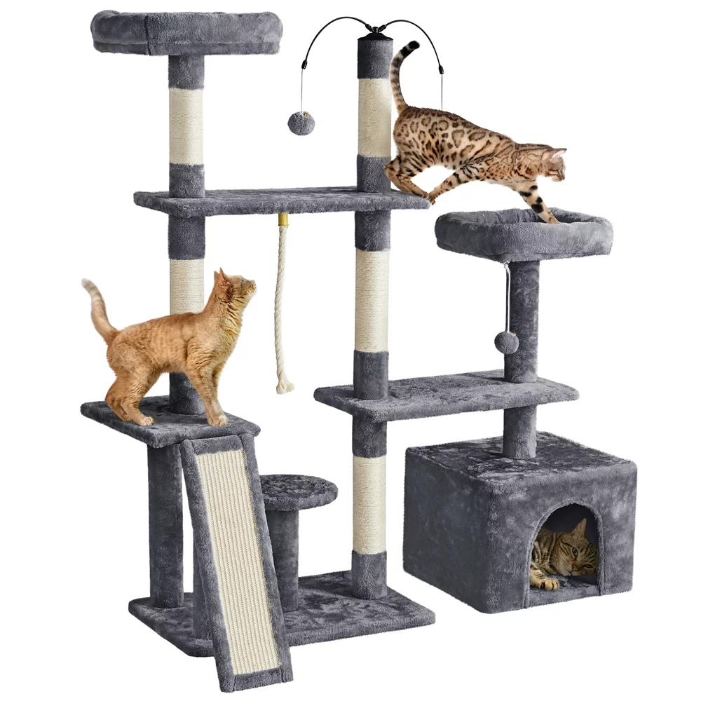 Easyfashion Multilevel Plush Cat Tree with Dangling Balls for Cats and Kittens, Dark Gray