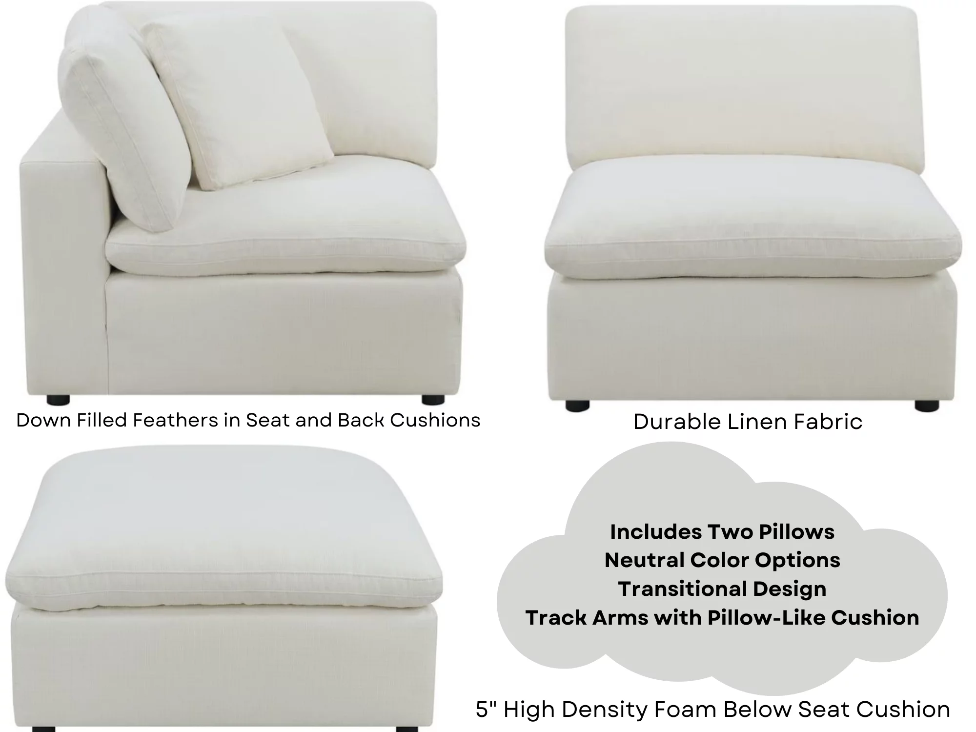 Cloud Down Modular Sectional Sofa 4-Piece Reversible Chaise Feather Couch