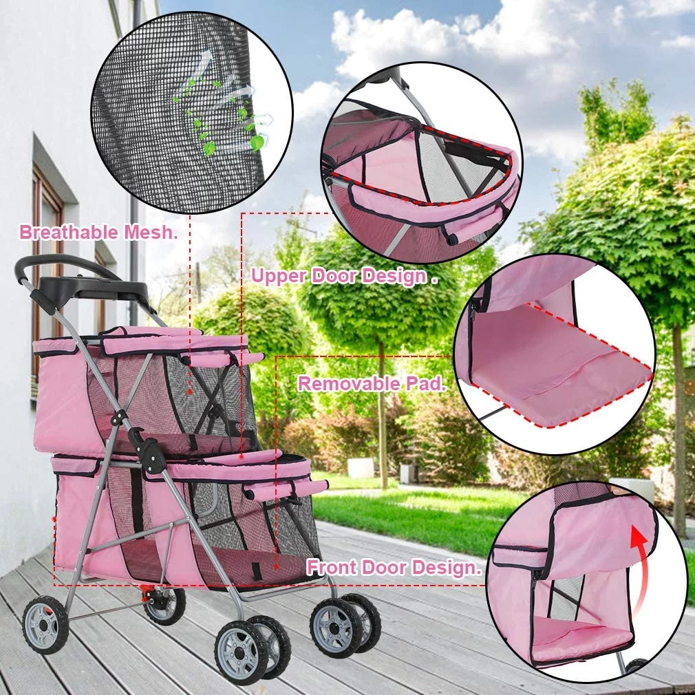 Dkelincs Double Tier Dog Stroller Cat Stroller Travel Folding Pet Stroller 4 Wheels Jogger Stroller with Removable Pad & Cup Holder, Pink