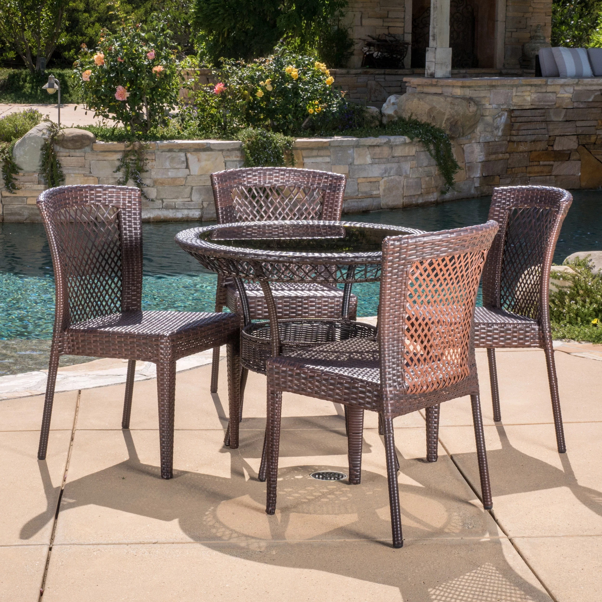 Cisneros 5-Piece Outdoor Round Glass Top Wicker Dining Set, Multi-Brown