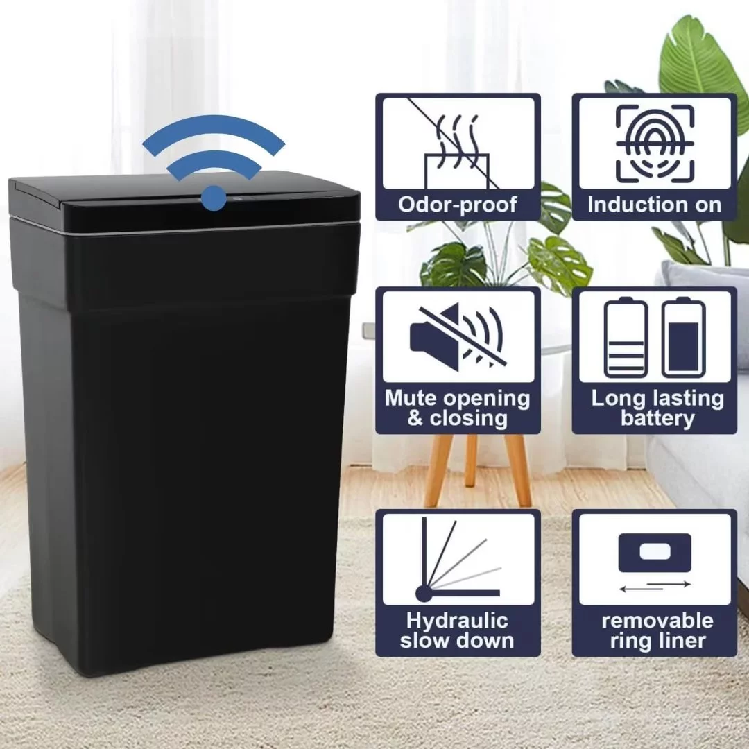 13 Gallon Kitchen Trash Can, Automatic Garbage Can with Touch-Free & Motion Sensor, Anti-Fingerprint High-Capacity Plastic Waste Bin, Black