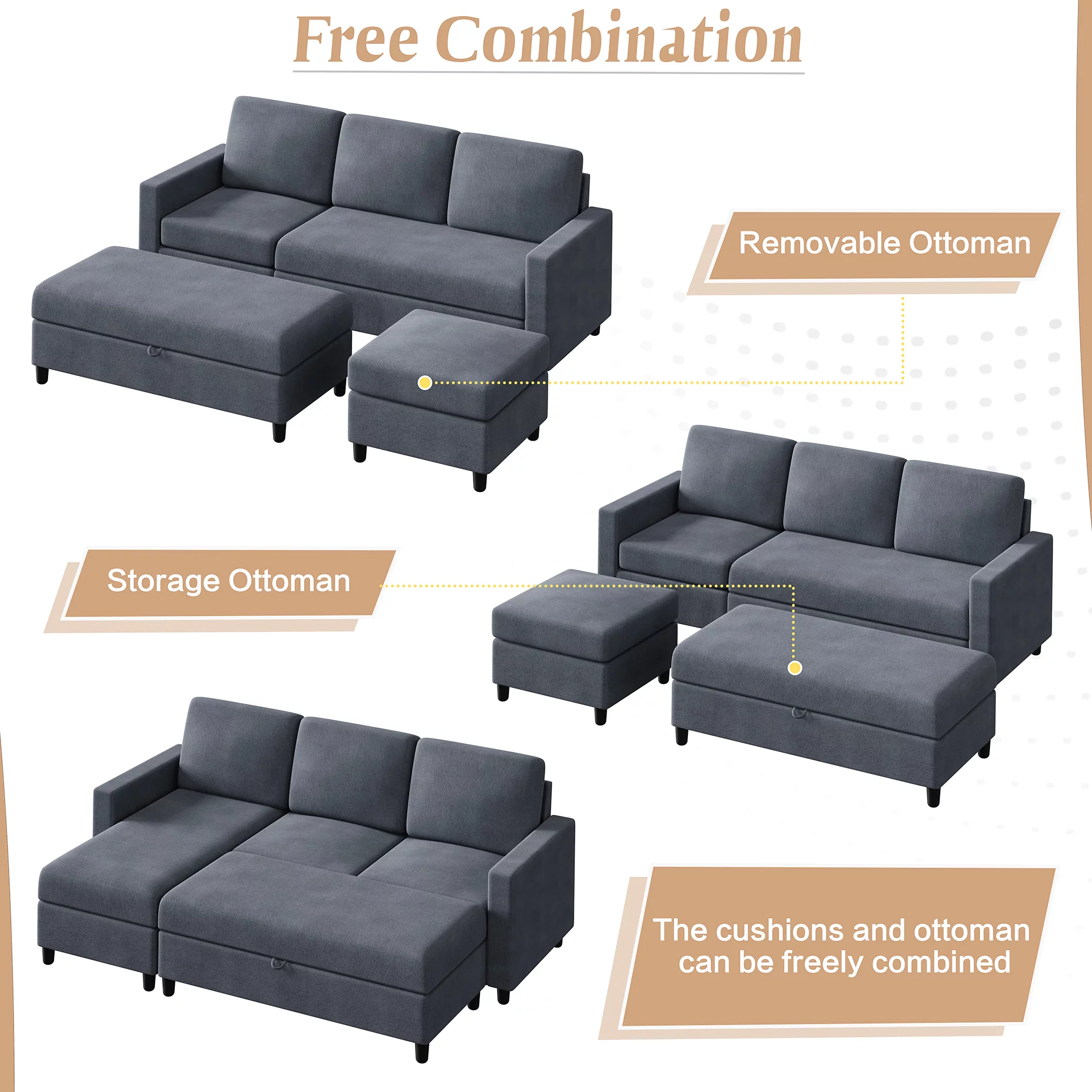 Convertible Sectional Sofa Couch with Storage Ottoman, L-Shaped Wide Reversible Chaise with Linen Fabric(Deep Grey)