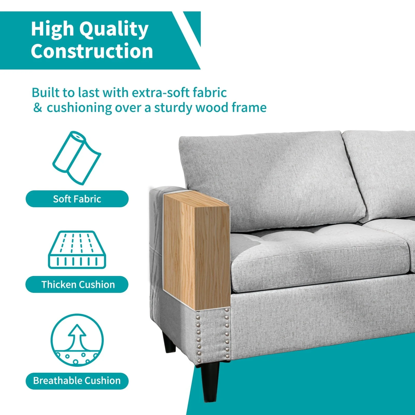 Mixoy Reversible Modular Sectional Sofa Couch Set,L-Shaped 3-Seater Sofa with Storage Ottoman - 77.1in*54.3in*31.8in Light Grey