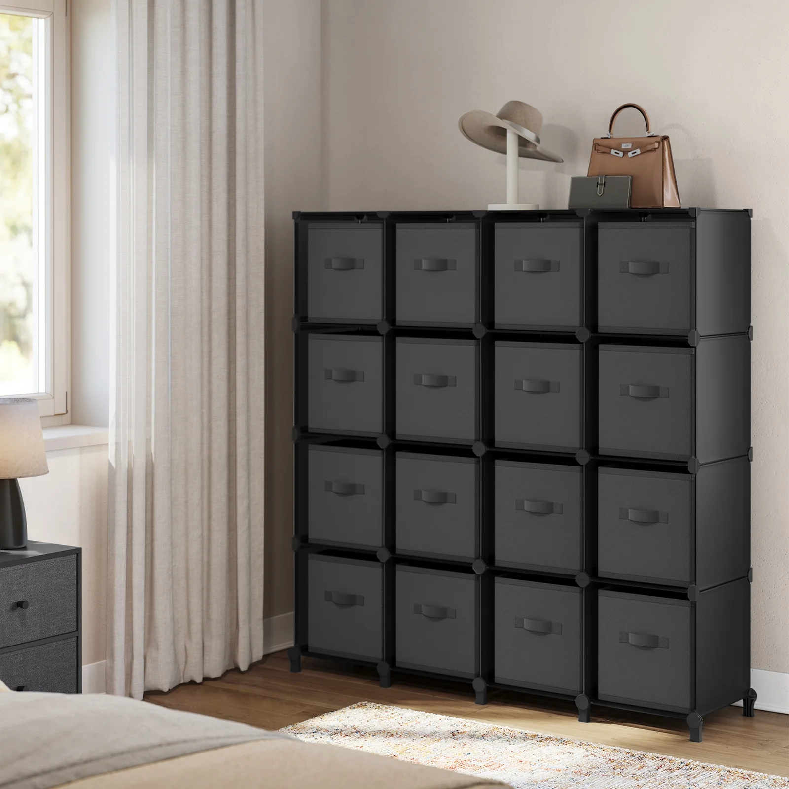 SONGMICS 16 Cube Storage Organizer with Storage Boxes Collapsible Non-Woven Fabric Bins for Bedroom Living Room Ink Black and Dove Gray