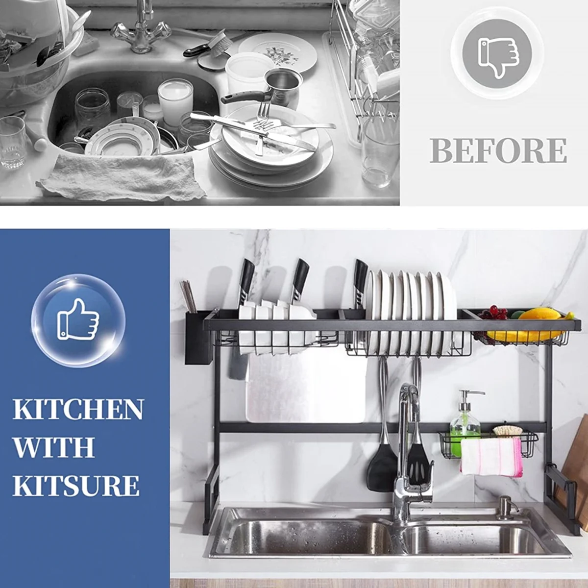 Dish Self Over the Sink Dish Racks for Kitchen Counter 2 Tier Full Stainless Steel Over Sinks Dry Rack , Multifunctional Over Sinks Shelf , Over Sinks Dish Drying Rack ,Black (Single Sink-85CM)