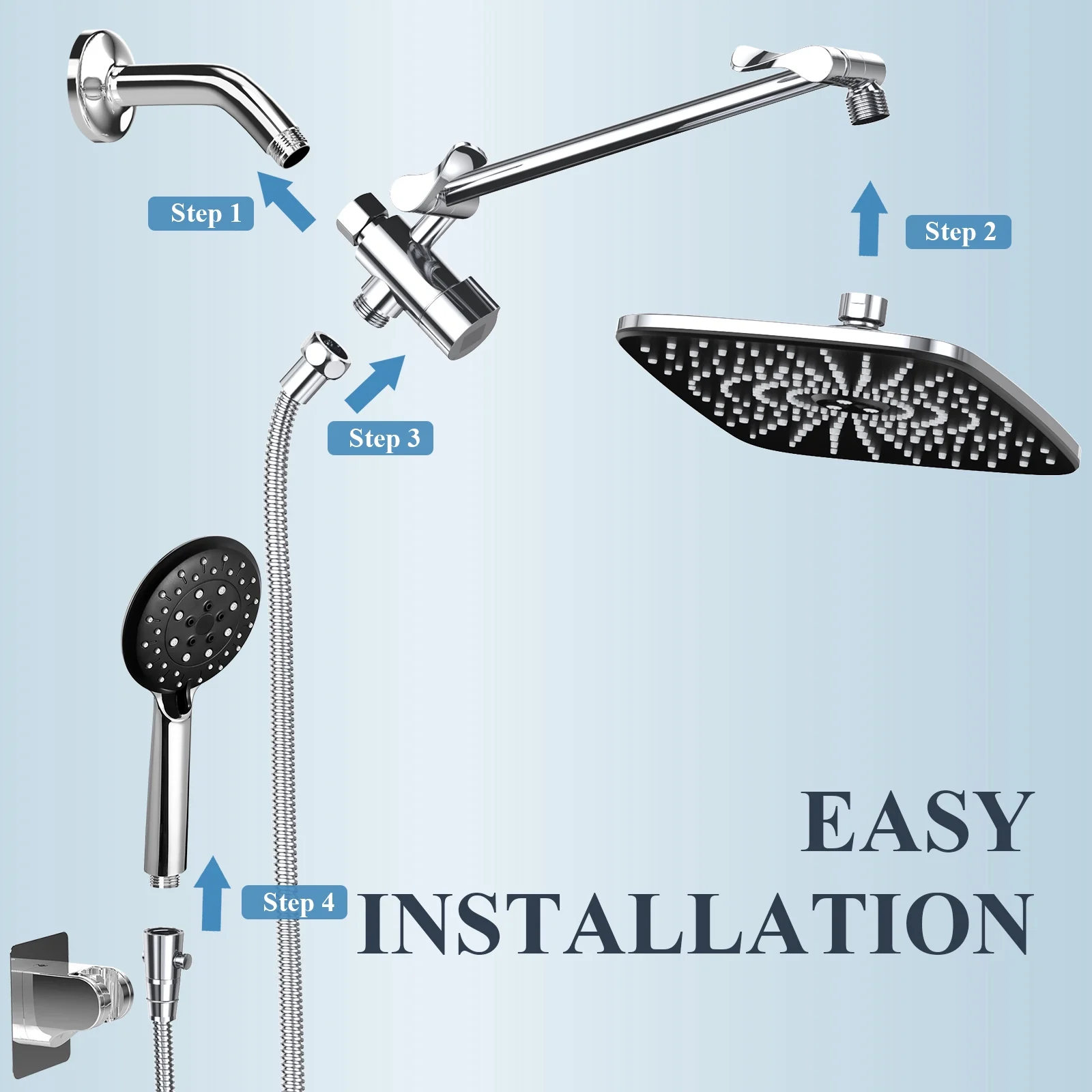 Ophanie 5-Setting High Pressure Shower Head, 12 inch Rain Shower Head with Handheld and Hose, Chrome