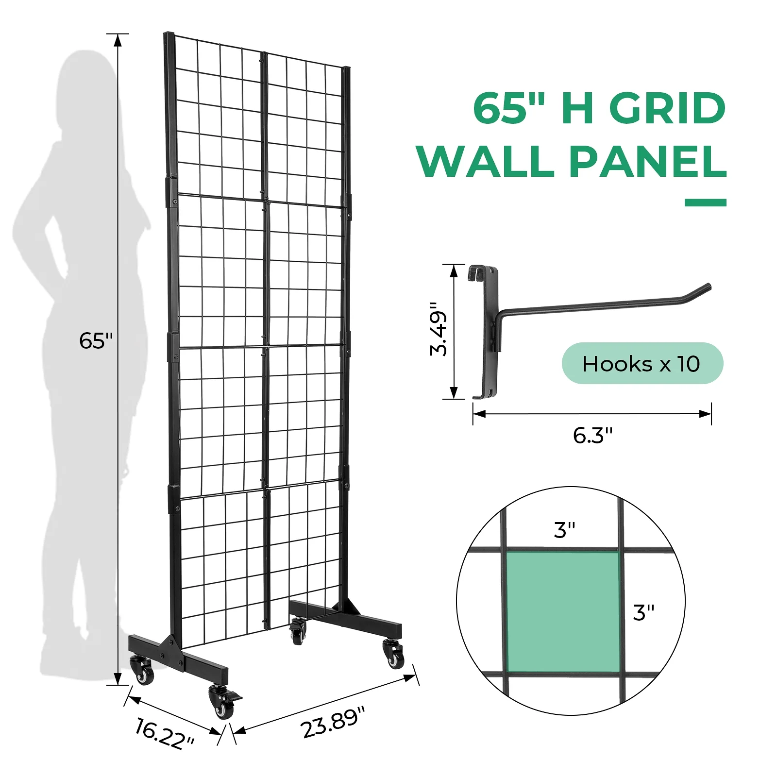 Gridwall Panel Display Stand with 360° Swivel Wheels, 65