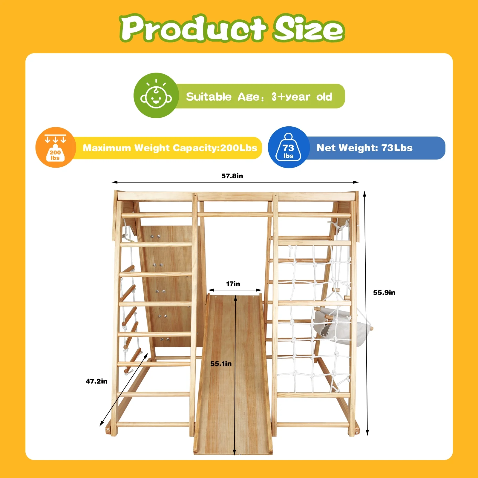 Fionafurn Indoor Outdoor 7-in-1 Kids Gym Playground Climbing Toys, with Swing, Slide, etc, Girls& Boys, Wooden, Natural