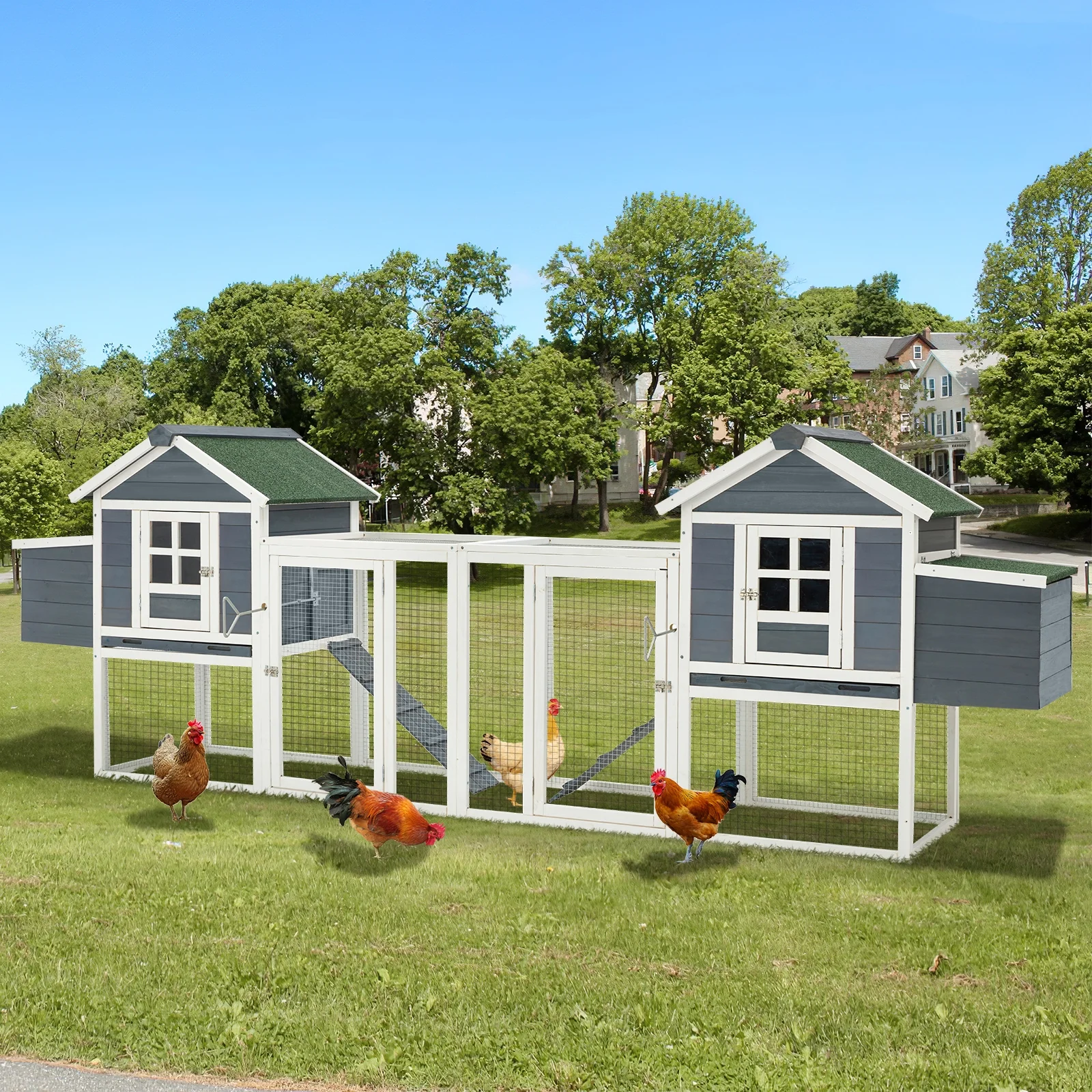 YODOLLA 123“ Large Wooden Chicken Coop with Run Wooden Hutch Poultry Cage Hen House with Nesting Boxes in Gray