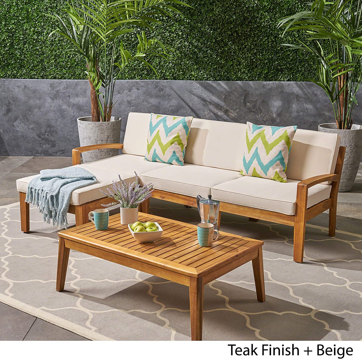 Grenada Sectional Sofa Set | 5-Piece 3-Seater | Includes Coffee Table and Ottoman | Acacia Wood Frame | Water-Resistant Cushions | Teak and Beige  Finish