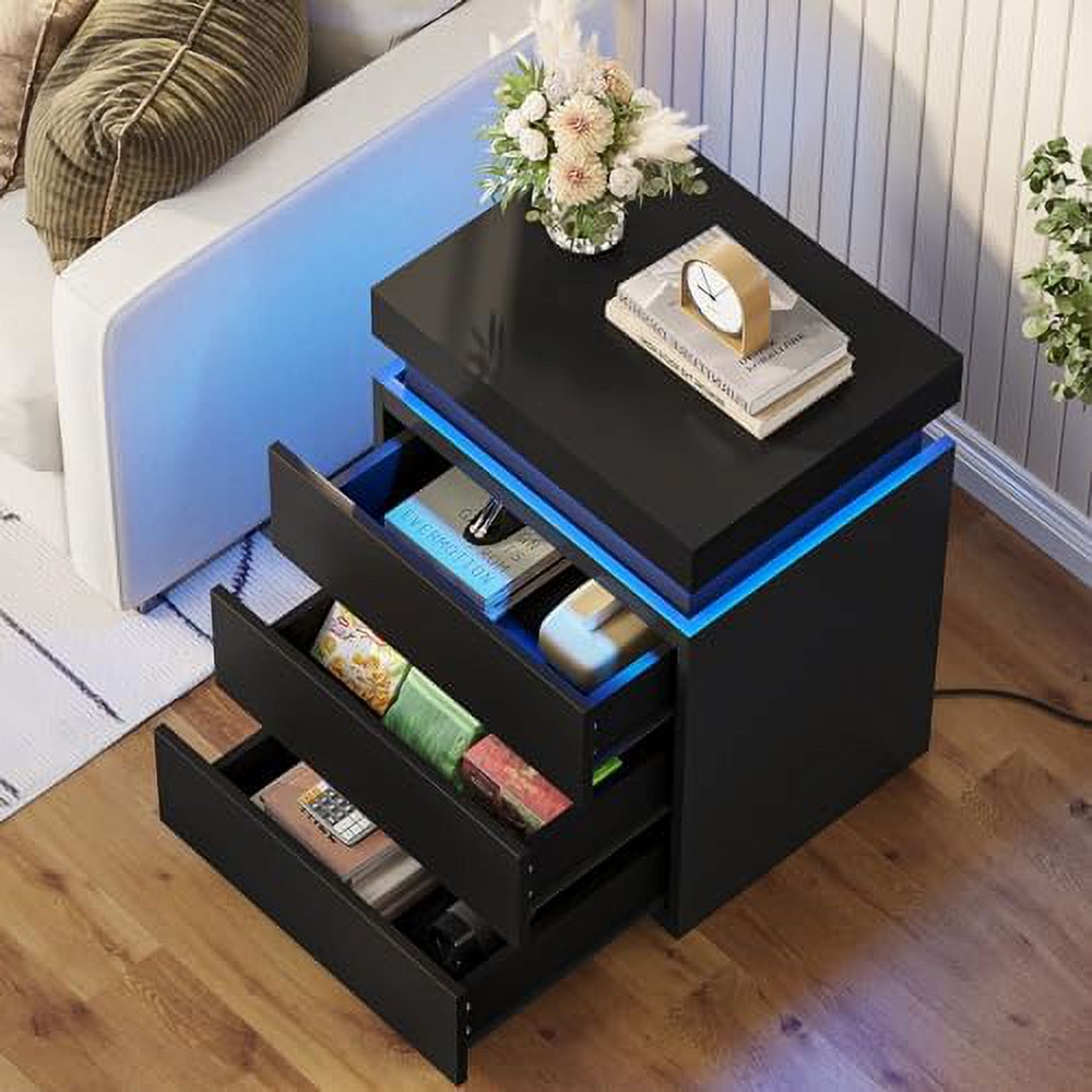 GEROBOOM Nightstand with Charging Station and LED Lights  Led Nightstand with Sliding Top  Bedside Table with Drawers  Modern End Table  with USB Ports and Outlets (Black)