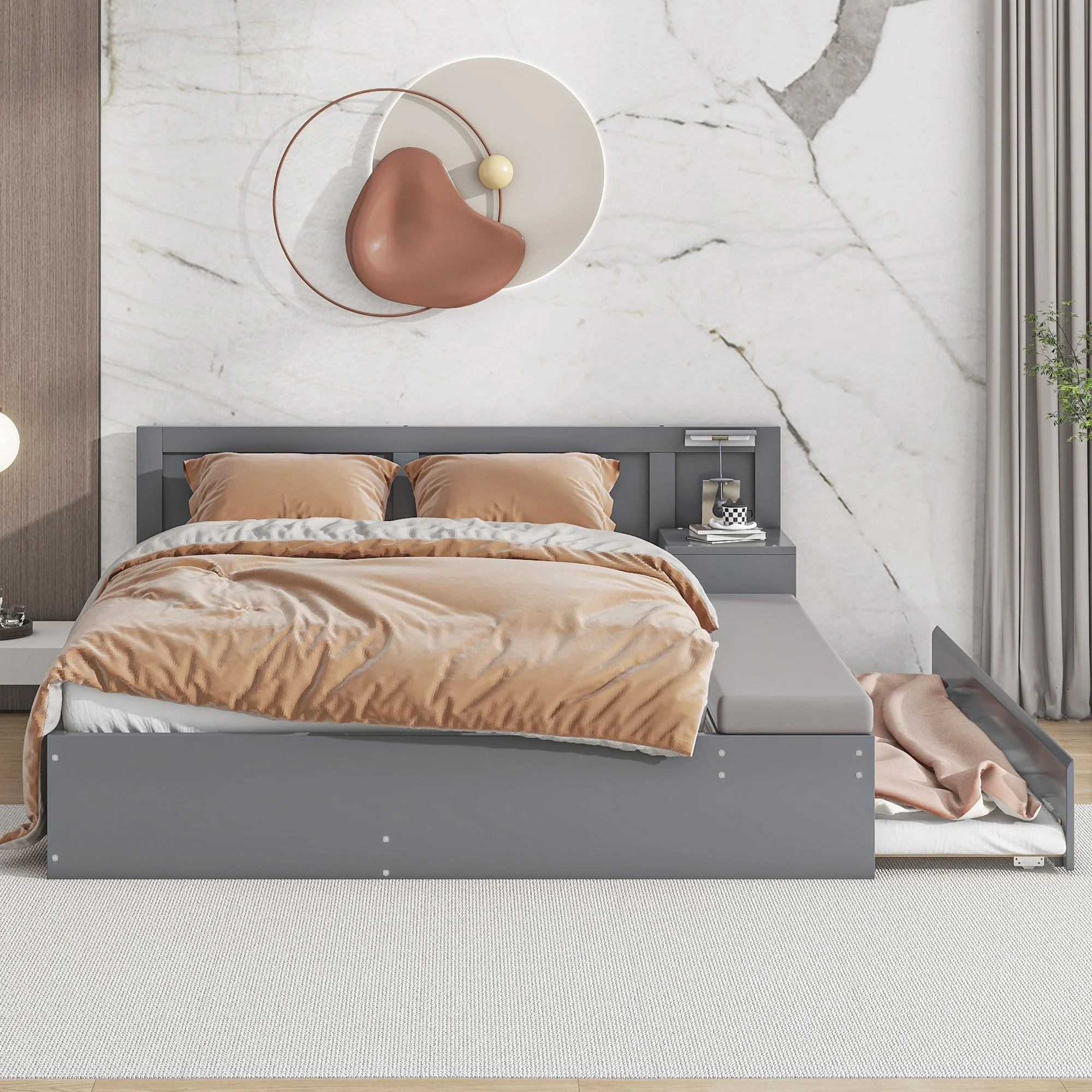 Full Size Solid Storage Hydraulic Wood Bed Frame with Twin Size Trundle, Side Table and Lounge, Platform Bed Frame, Mid Century Bedframe, Wood Foundation(Gray, Full)