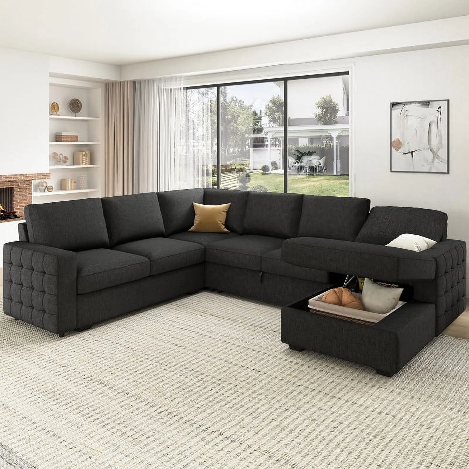 HONBAY Modern Convertible Sleeper Sectional Sofa Couch with Pull-out Bed and Storage Chaise, Dark Grey