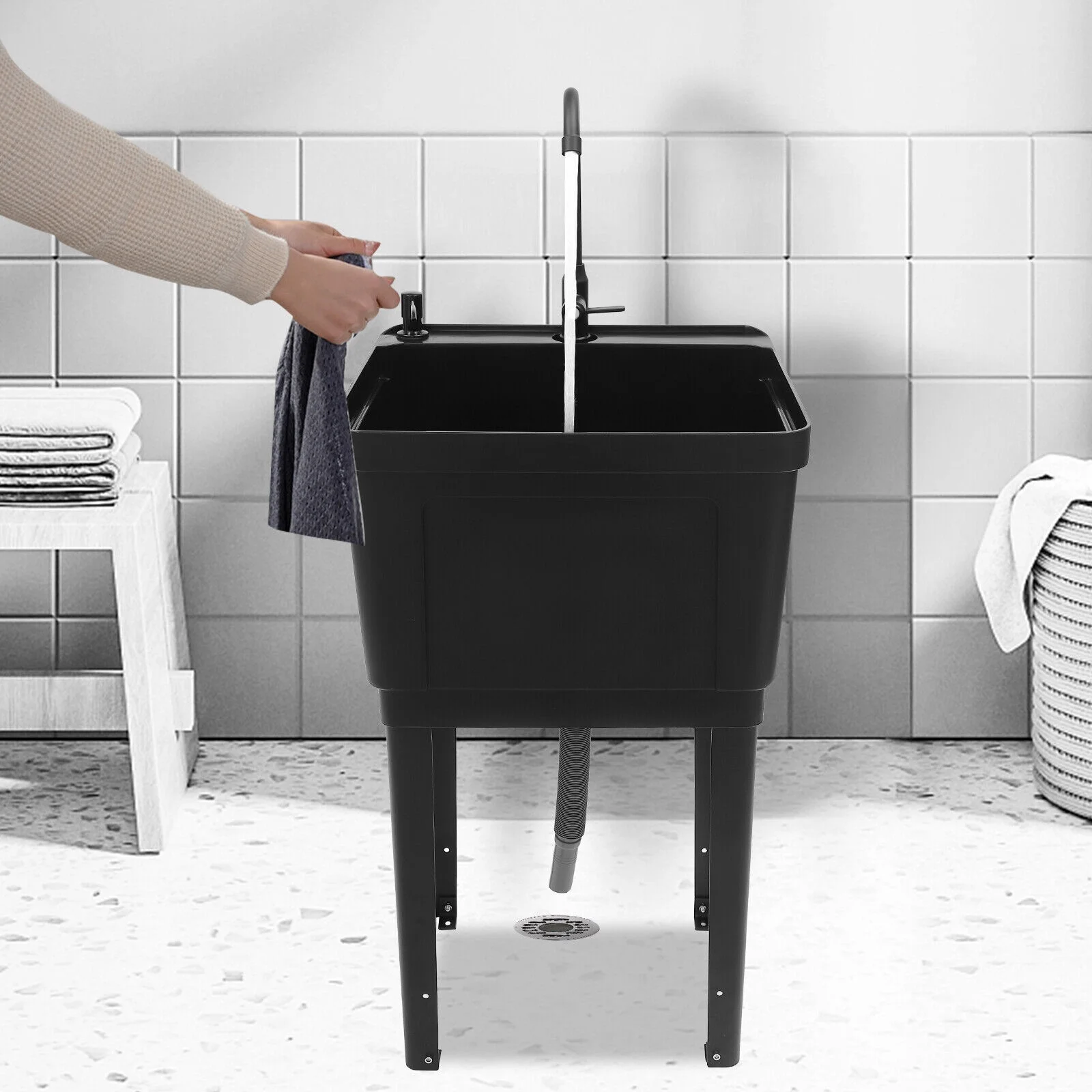 Black/White Laundry Utility Sink Tub Sink Freestanding Wash Station with Faucet White/Black