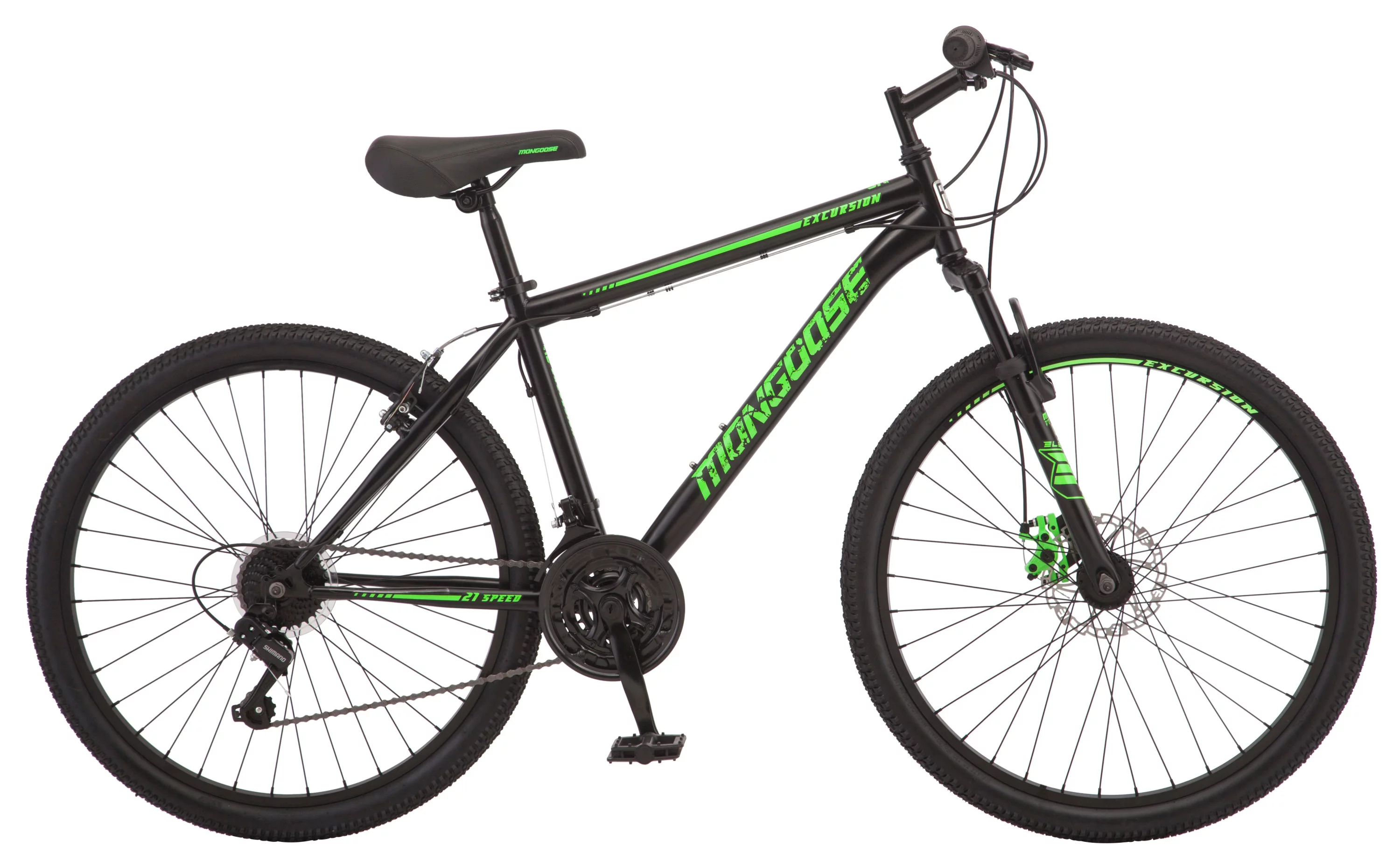 Mongoose Excursion mountain bike, 26 inch wheel, 21 speeds, mens frame, black / green