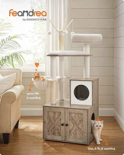Feandrea WoodyWonders Cat Tree with Litter Box Furniture Hidden Enclosure, 2-in-1 Modern Tower, Cat Condo with Scratching Posts, Removable Pompom Sticks, Greige UPCT113G01