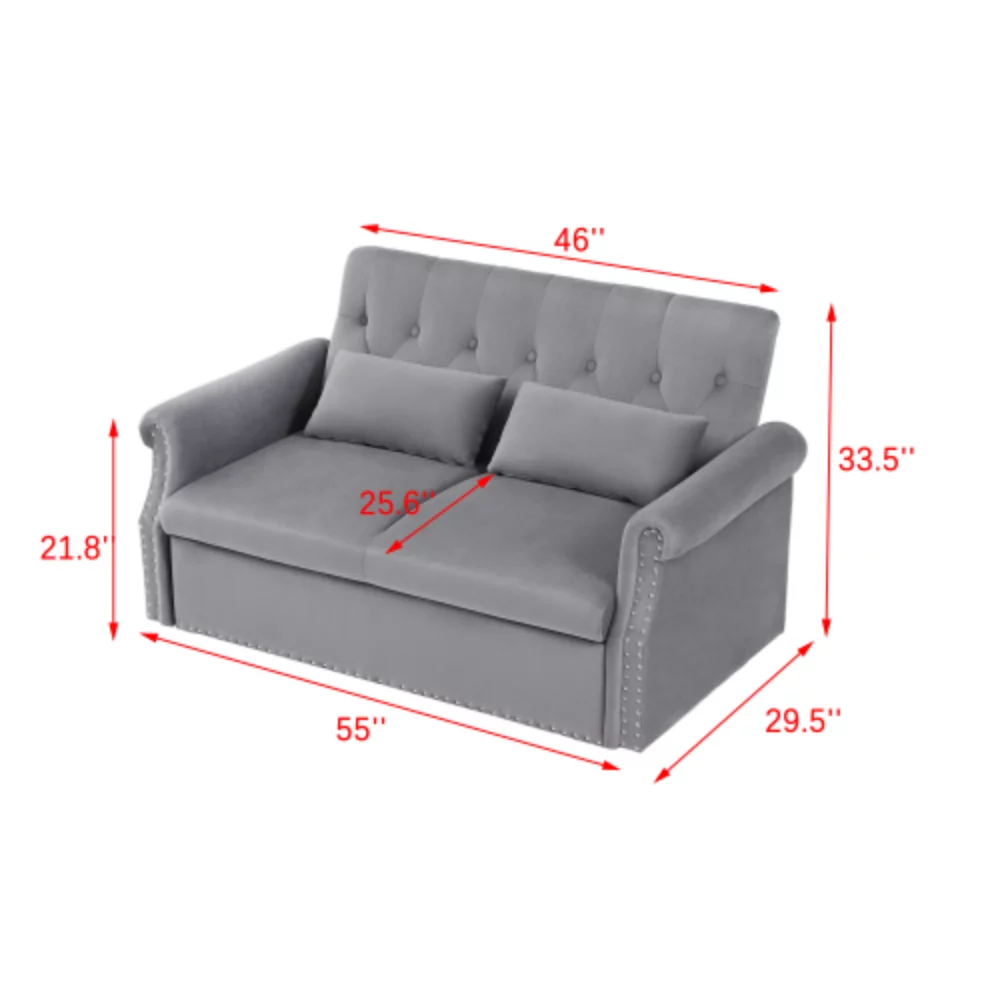 55'' Modern Shiny Velvet Convertible Loveseat Sleeper Sofa Couch w/ 2 Lumbar Pillows, Adjustable Pull-Out Bed and Removable Armrest for Nursery, Living Room, Apartment, Home Office
