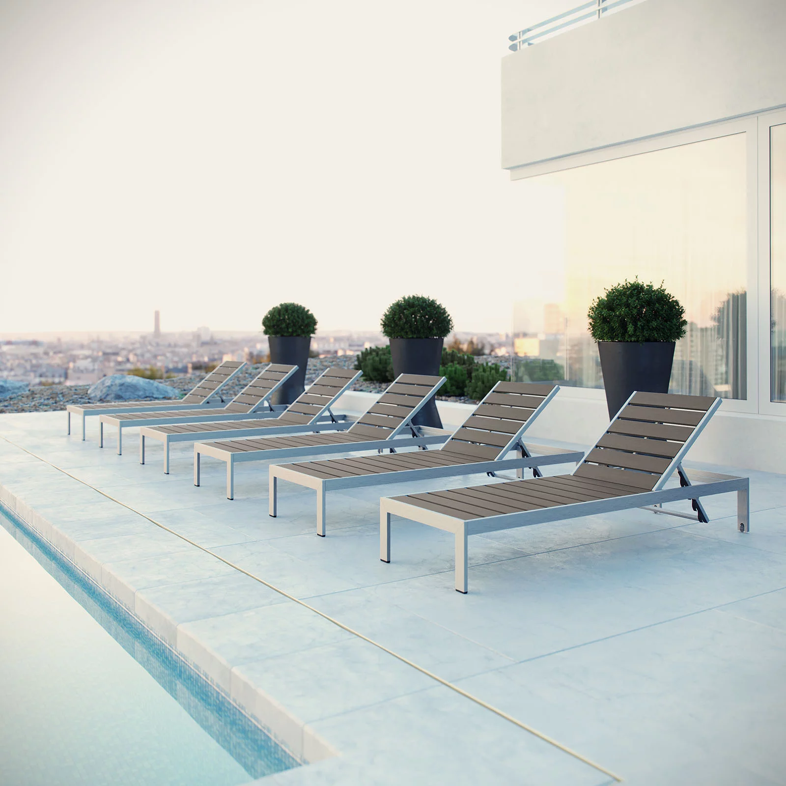 Modway Shore Chaise Outdoor Patio Aluminum Set of 6 in Silver Gray