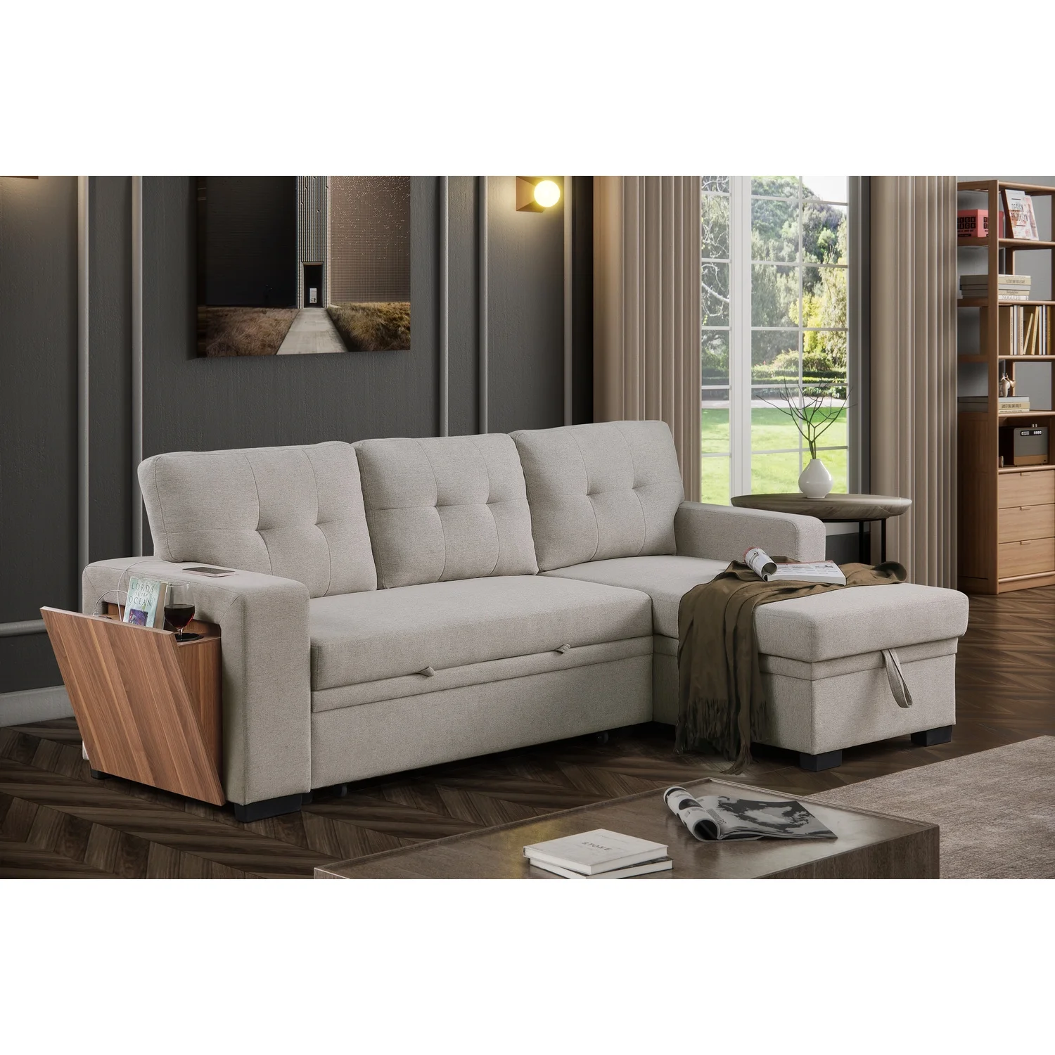 Devion Furniture Fabric Reversible Modern Side Compartment Sleeper Sectional Sofa Bed-Light Gray