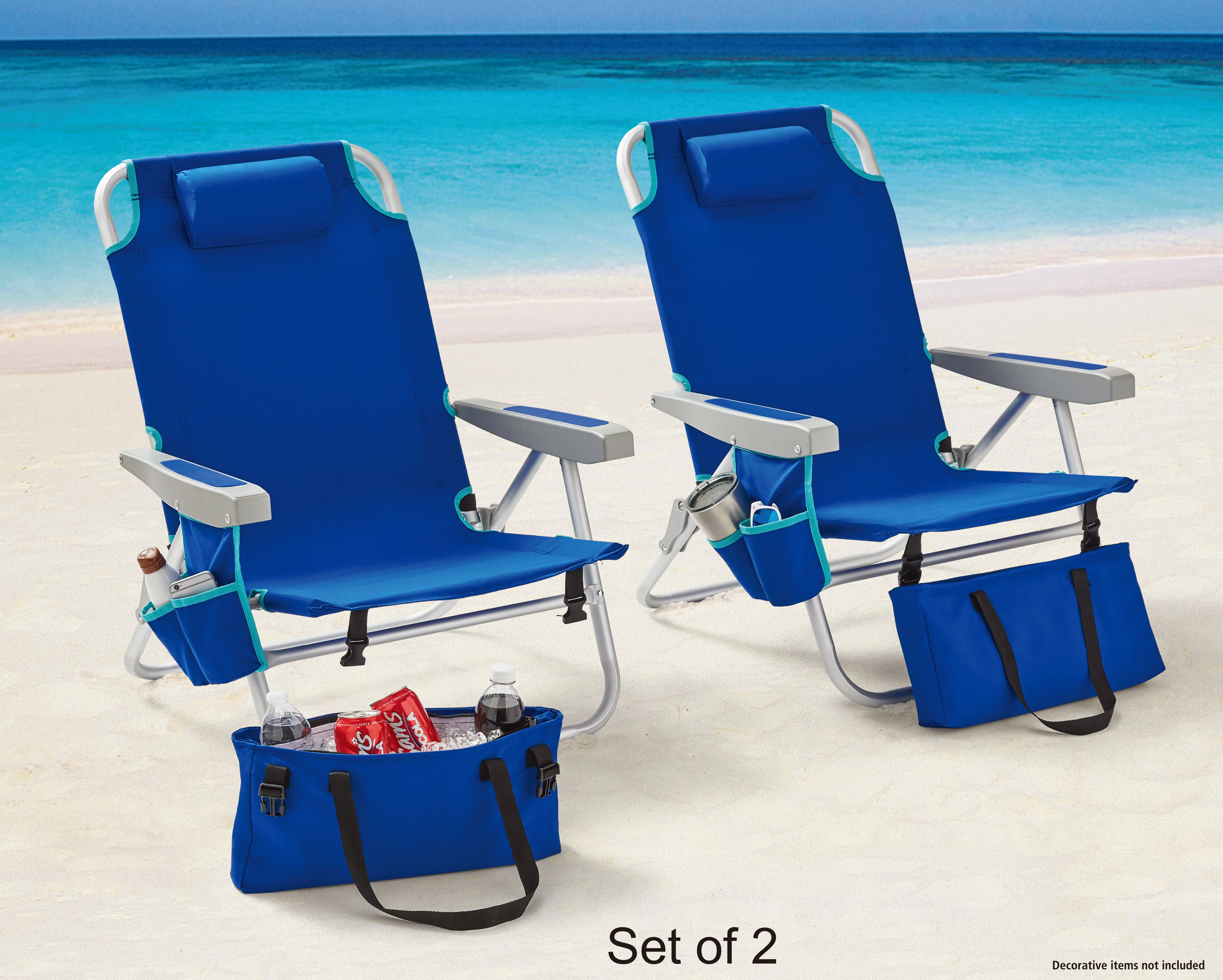 2-Pack Mainstays Reclining Beach & Event Backpack Chair with Cooler Bag Blue