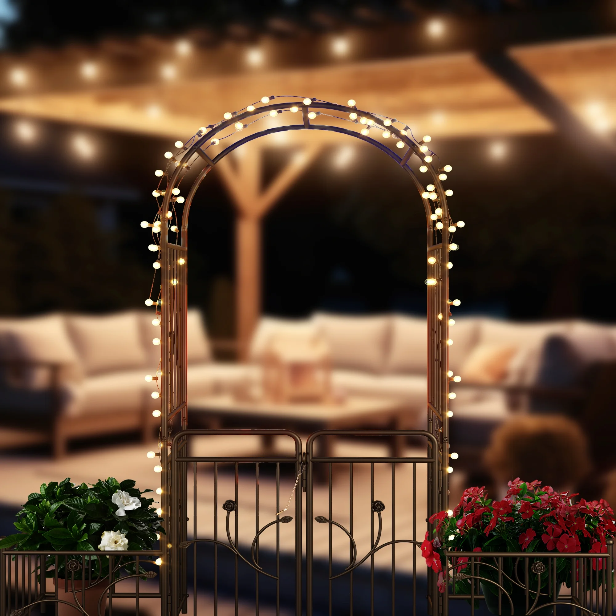 Dextrus Metal Garden Arch with Planter Boxes and Gate, Elegant Wedding Arch Climbing Plants Party Decoration for Outdoor Lawn