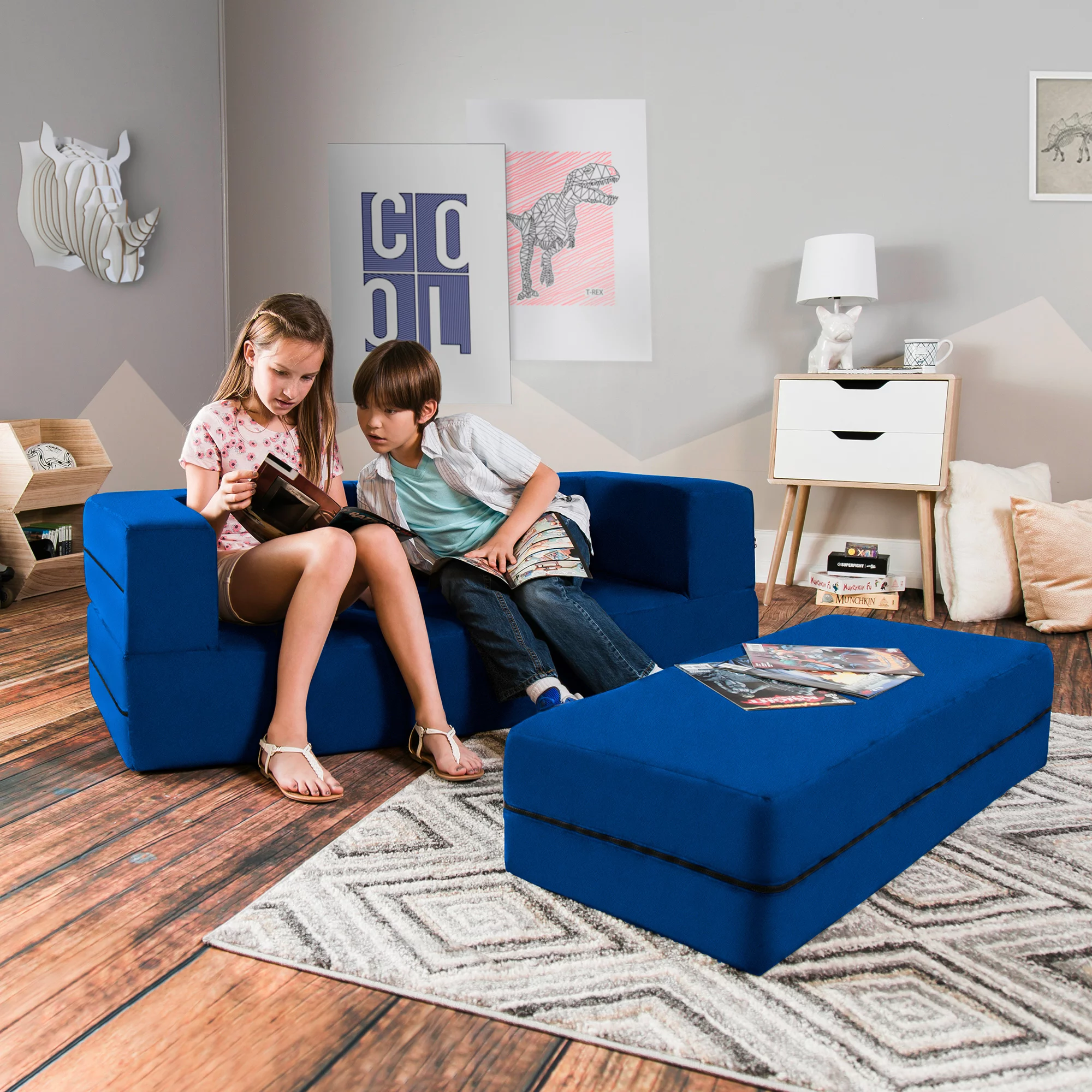 Jaxx Zipline Sofa Large Ottoman 3 in 1 Fold Out Big Kids Edition, Blueberry