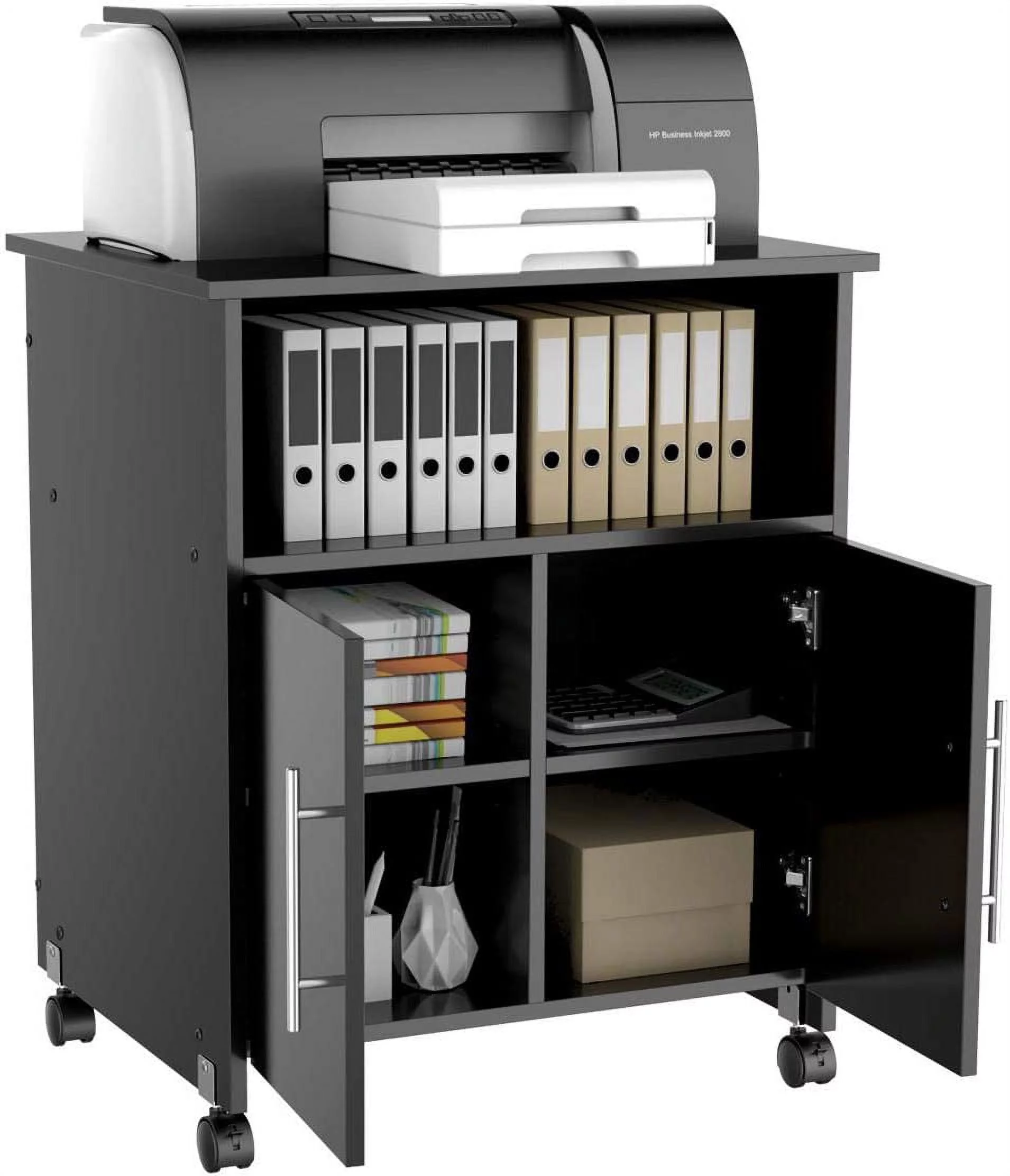 Mobile Printer Stand with Storage and Adjustable Shelf for Home Office, Rolling Wood Storage Cabinet on Wheels, Black