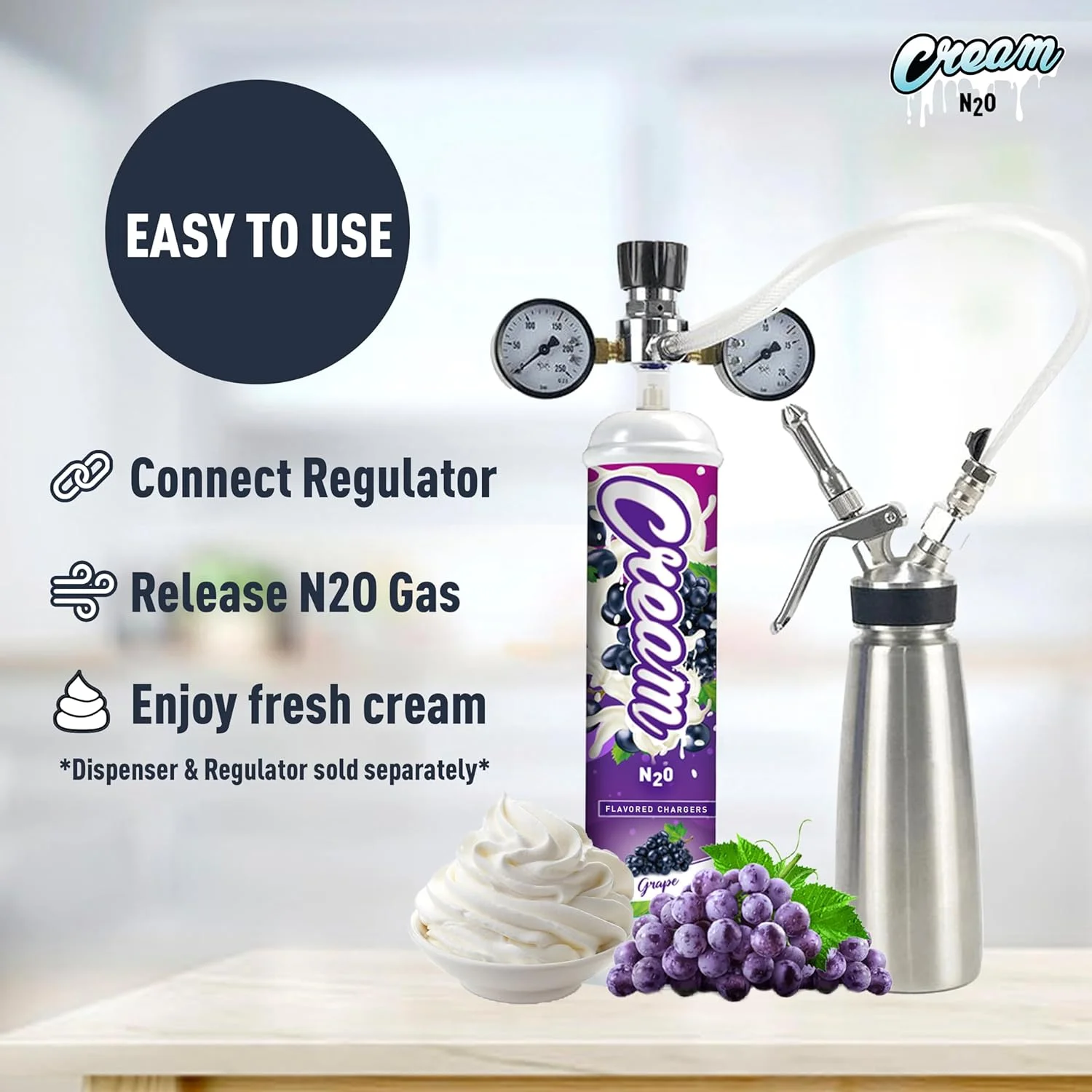CREAM N2O Nitrous Oxide Whipped Cream Charger (Grape, 1pc, 640g 1.1L) - Nitrous Tank Whip Cream Charger, Nitrous Oxide Canister, N20 Whipped Cream Chargers, Whip It NO2 Cartridges, Nitrous Oxide Tank