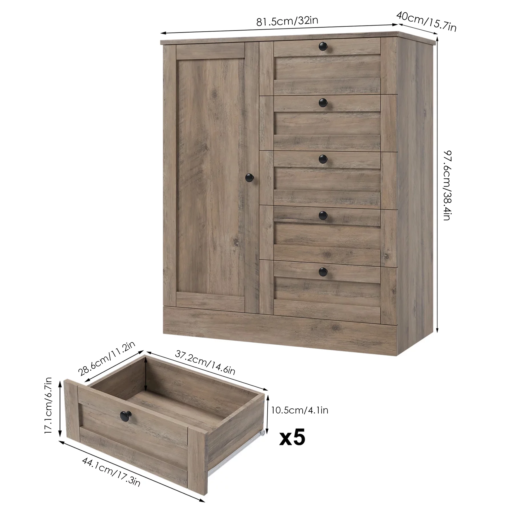 Homfa 5 Drawer Dresser with Door, Modern Chest of Drawers Wood Storage Cabinet for Bedroom Living Room Hallway, Gray