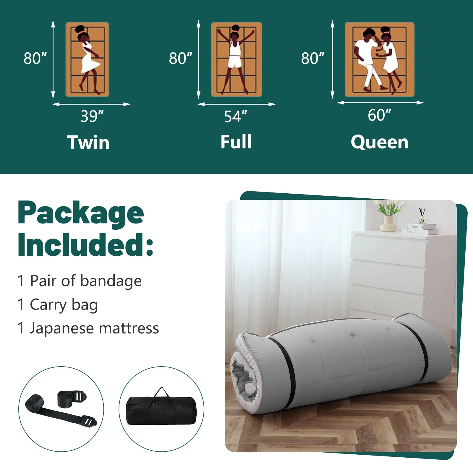 Japanese Floor Mattress, Futon Mattress, Foldable & Portable, Roll up Mattress Tatami Mat Sleeping Pad with Storage Bag