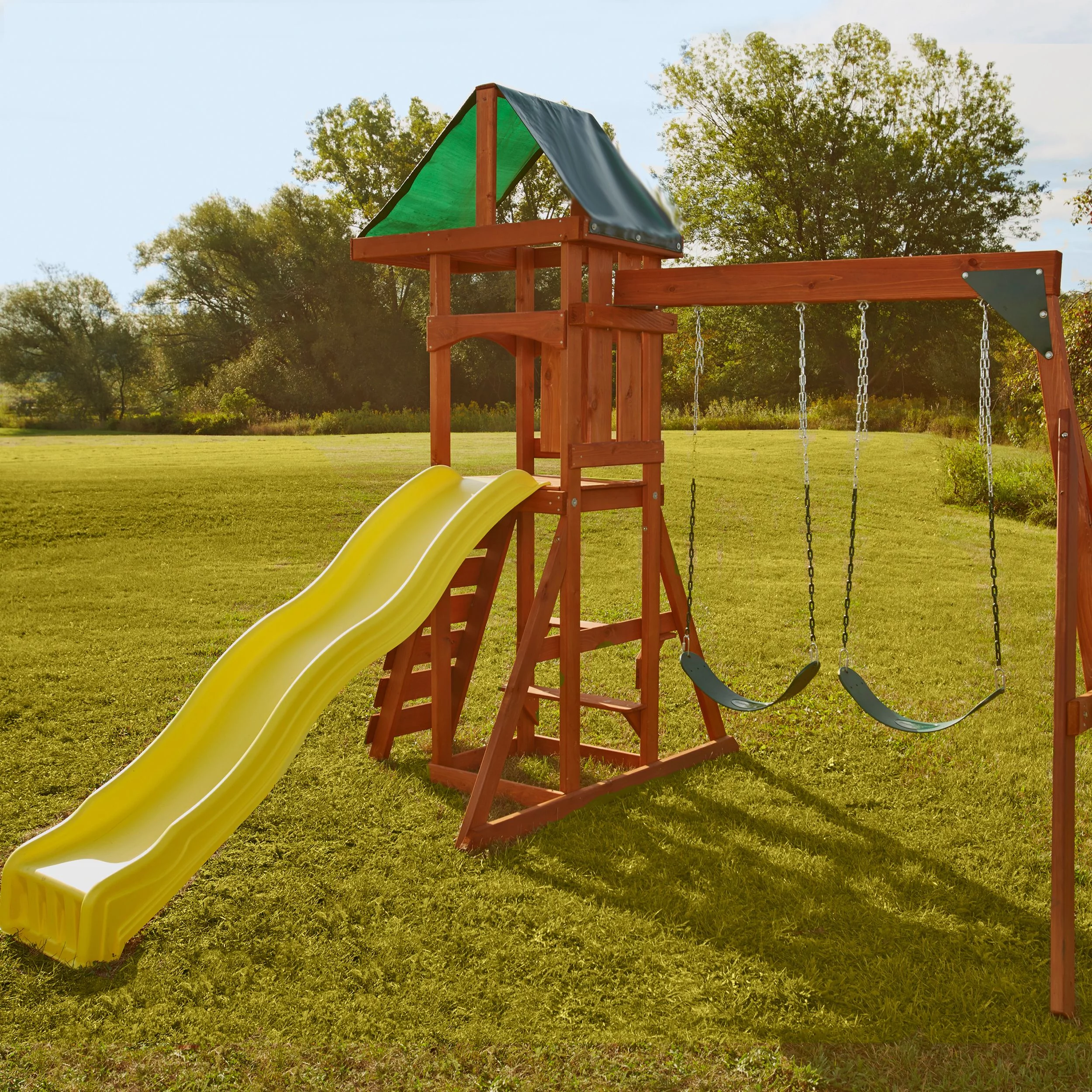 Swing-N-Slide Scrambler Wooden Backyard Play Set With Slide, Climbing Wall, and Swings