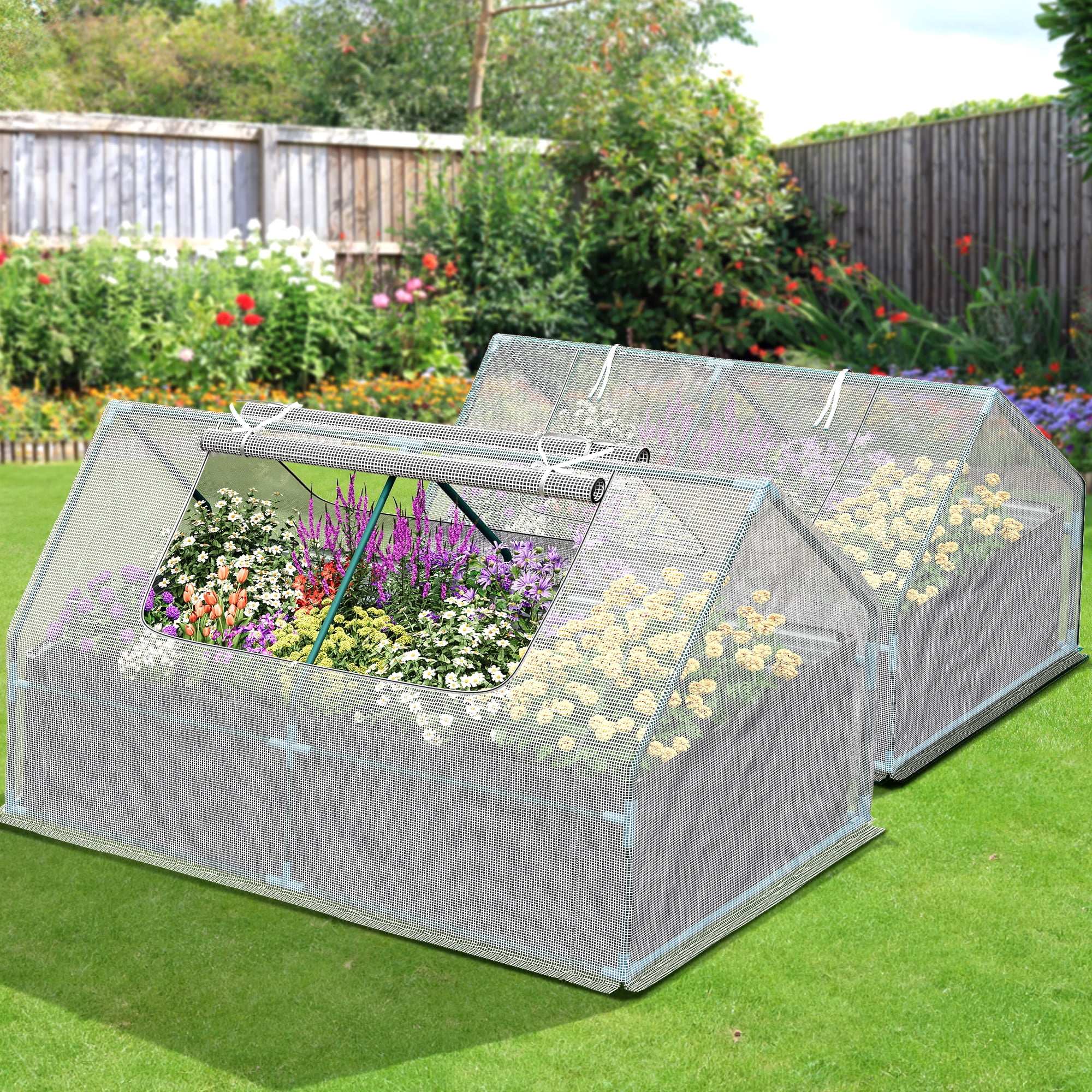 Dextrus 7.5x4x4FT Raised Garden Bed with Cover Extra Large Metal Planter Box Outdoor Flower Bed with Mini Greenhouse 2 Zipper Screen Windows for Outdoor Growing Vegetable, White