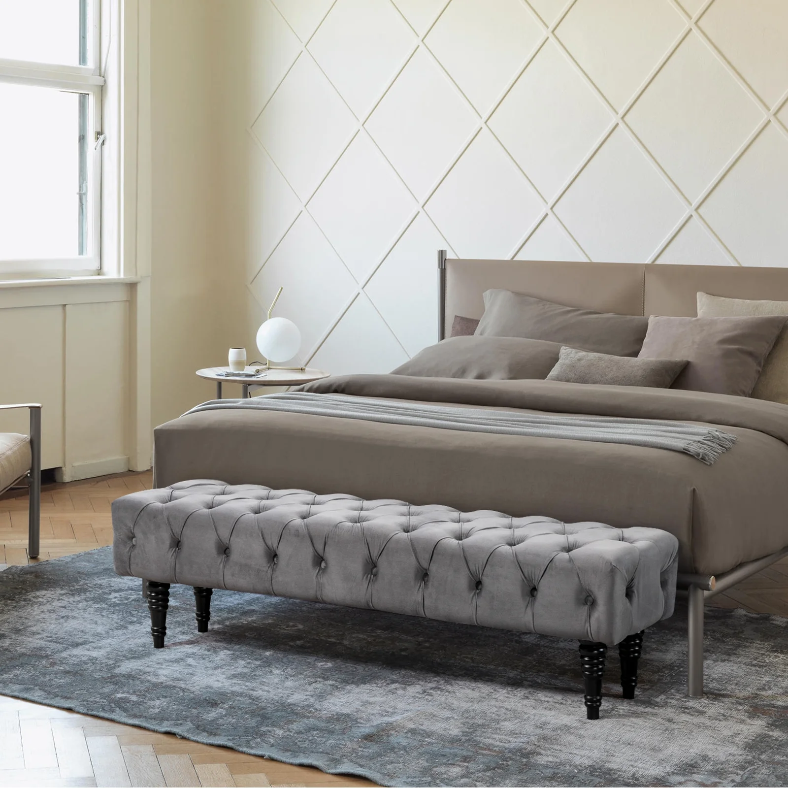 AVAWING Upholstered Tufted Ottoman Bench, Rectangular Accent Bench, Corduroy Padded Benches for Entryway, Dining Room, Living Room, Bedroom, Gray
