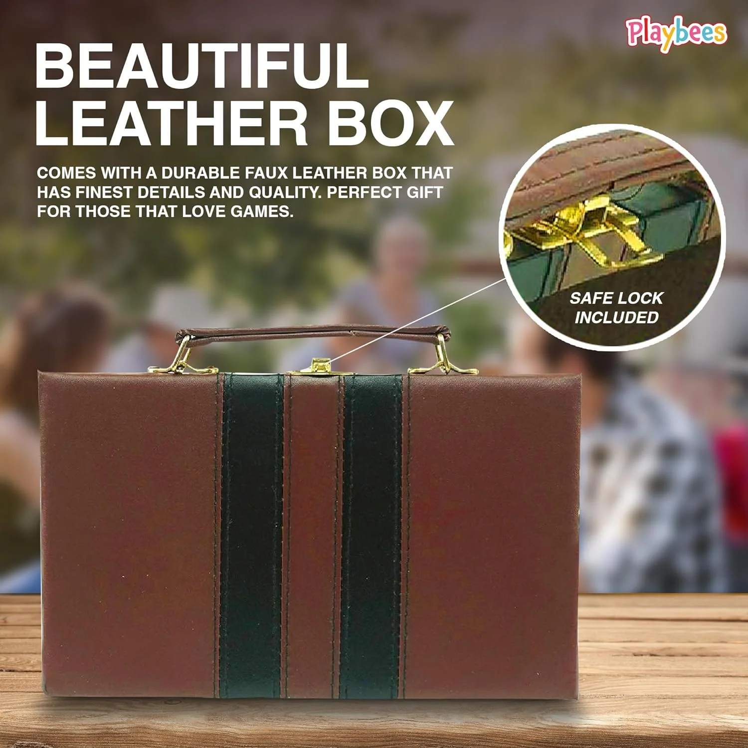 Playbees Jumbo Double Six Domino Set - 28 Thick White Tiles - Sophisticated Wooden Vegan Leather Box - Classic Family Game - Math Skills and Strategy - 2-4 Players