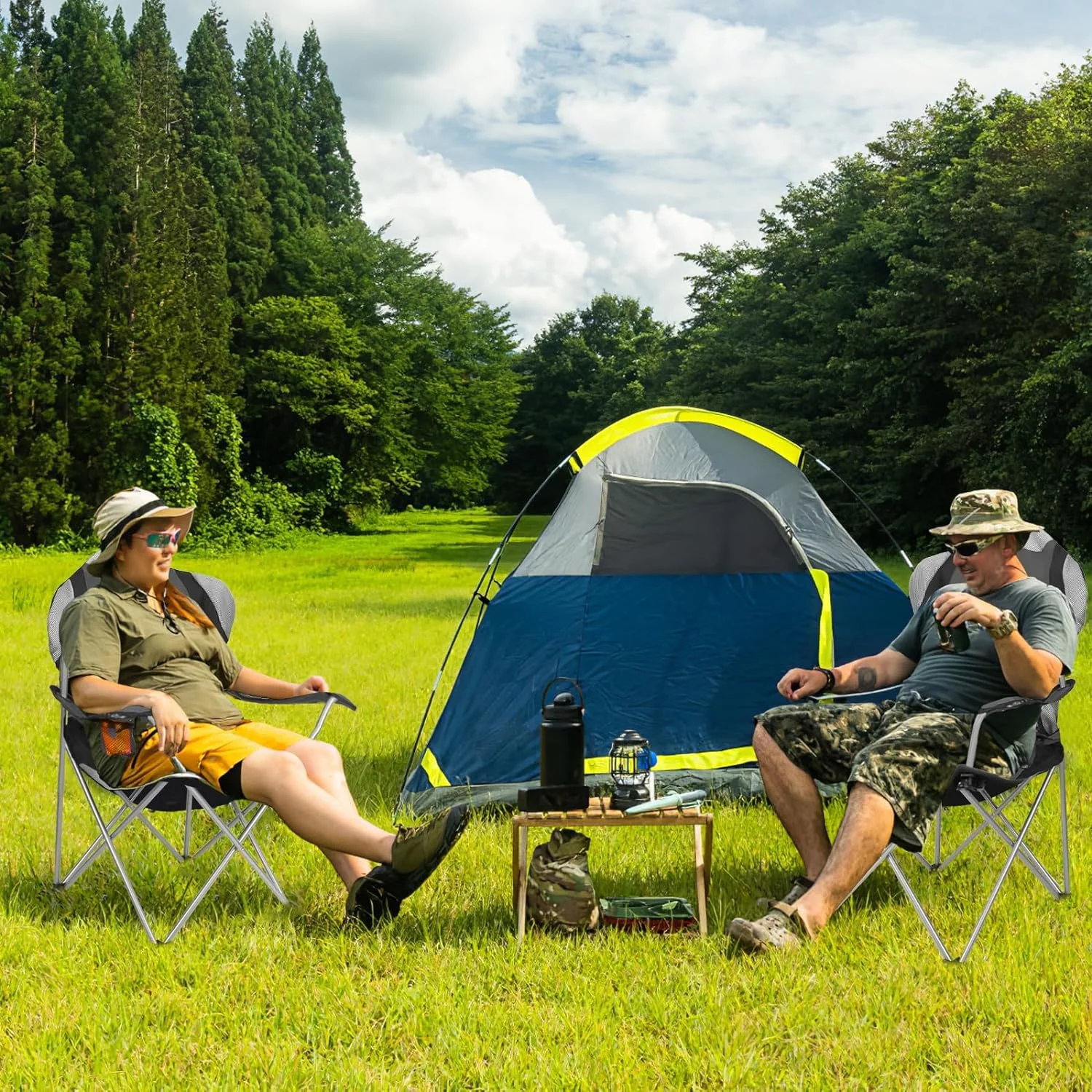 Foldable Camping Chair Heavy Duty Steel Lawn Chair Padded Seat Arm Back Beach Chair 330LBS Max Load with Cup Holder Carry Bag （Grey)