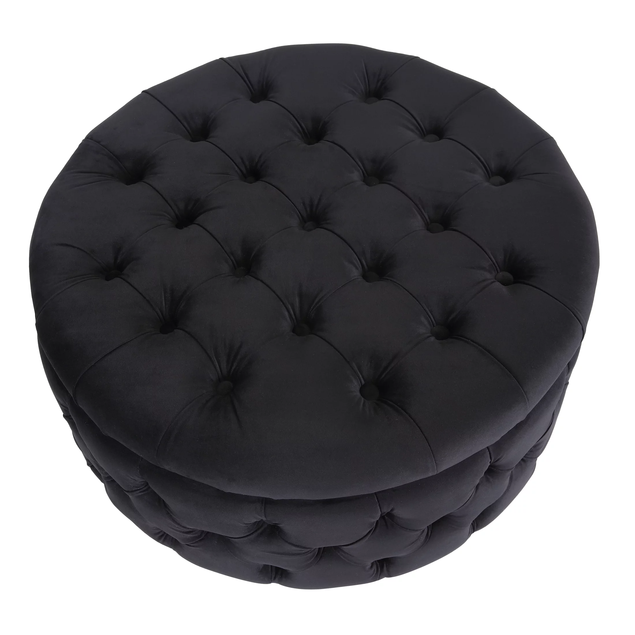 Wordford Round Velvet Tufted Storage Ottoman, Velvet Black