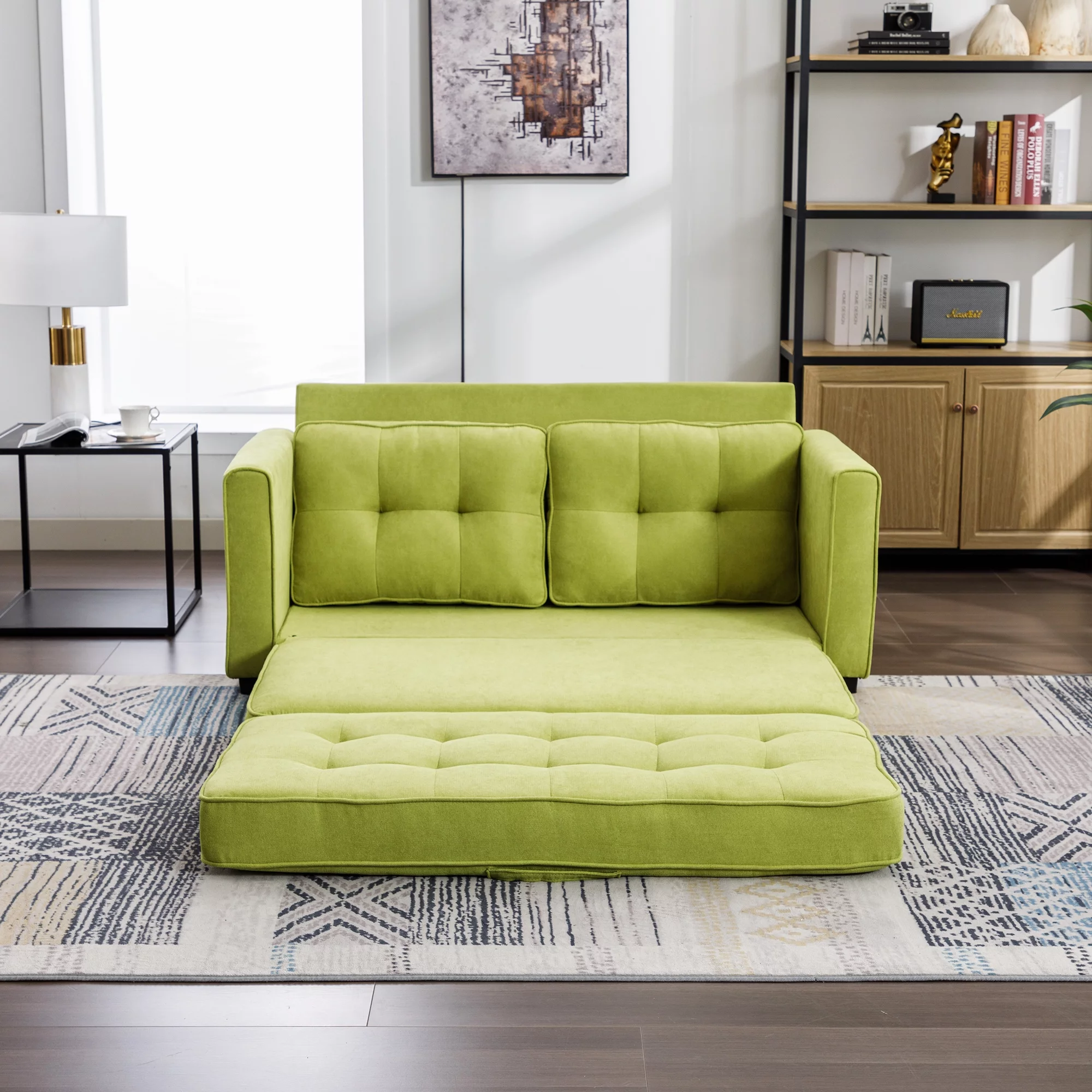 Churanty Convertible Sofa Bed Pull Out Sleeper Loveseat Sofa Chenille Upholstered Couch with Side Pockets for Small Space,Green