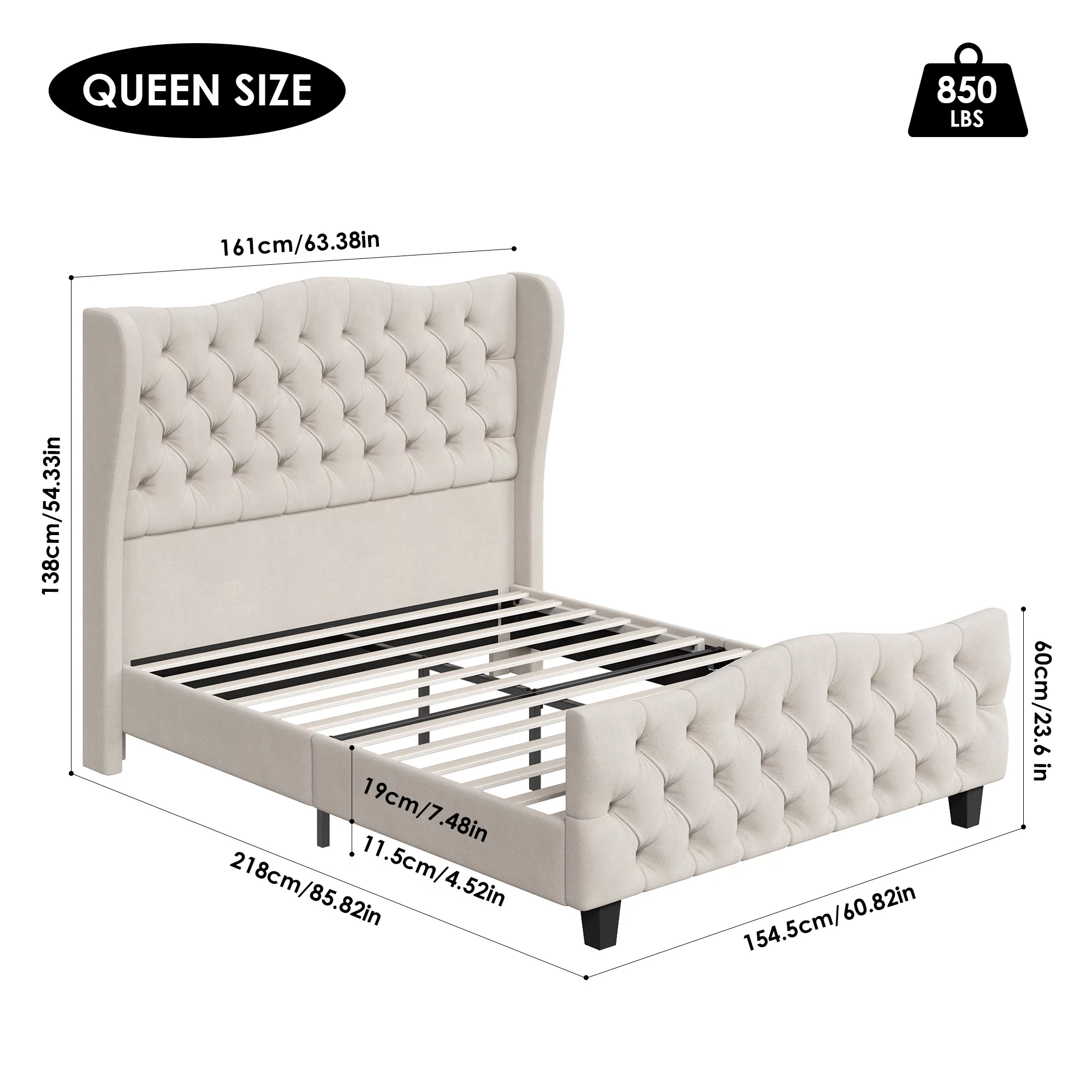 Homfa Queen Size Bed, 54.3” Tall Modern Velvet Tufted Upholstered Platform Bed Frame with Deep Button Wingback Headboard, Beige