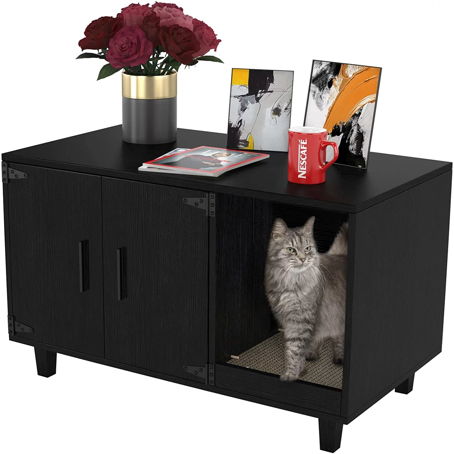 GDLF Pet Crate Cat Washroom Hidden Litter Box Enclosure  as Table Nightstand with Scratch Pad,Stackable